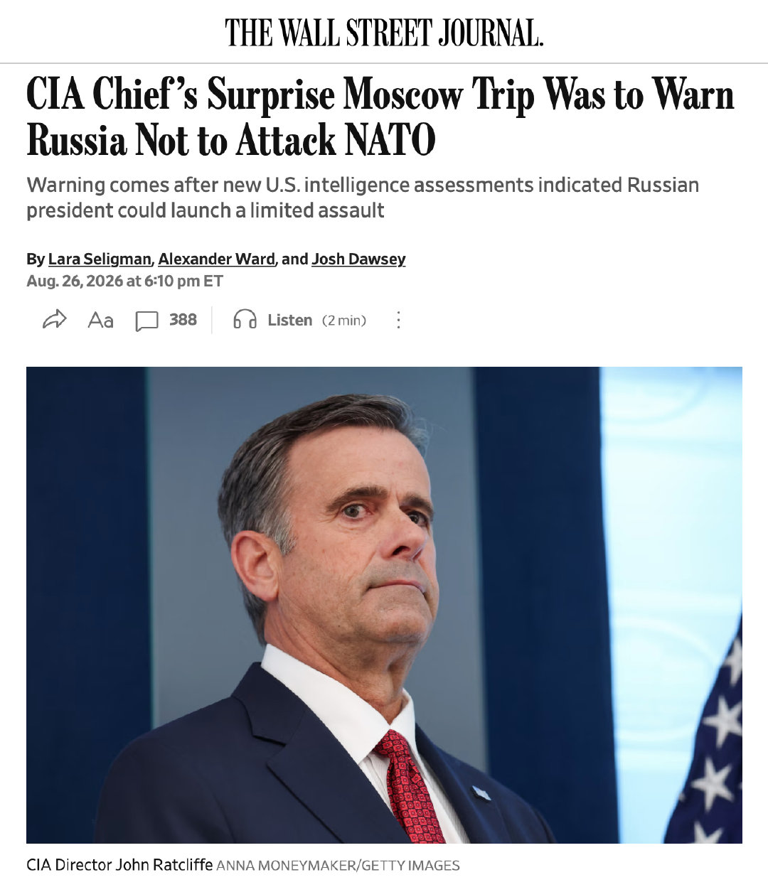 WSJ说CIA局长去莫斯科是为了警告俄罗斯不要进攻北约盟国。
之前有报道称，有情报显示俄罗斯打算小干一票，以测试北约的决心。
上一次CIA局长访问莫斯科是2021年11月，伯恩斯警告俄罗斯不要进攻乌克兰。
上一次，美国的吓阻失败了，但美国的情报是准确的。
这次呢？ ​