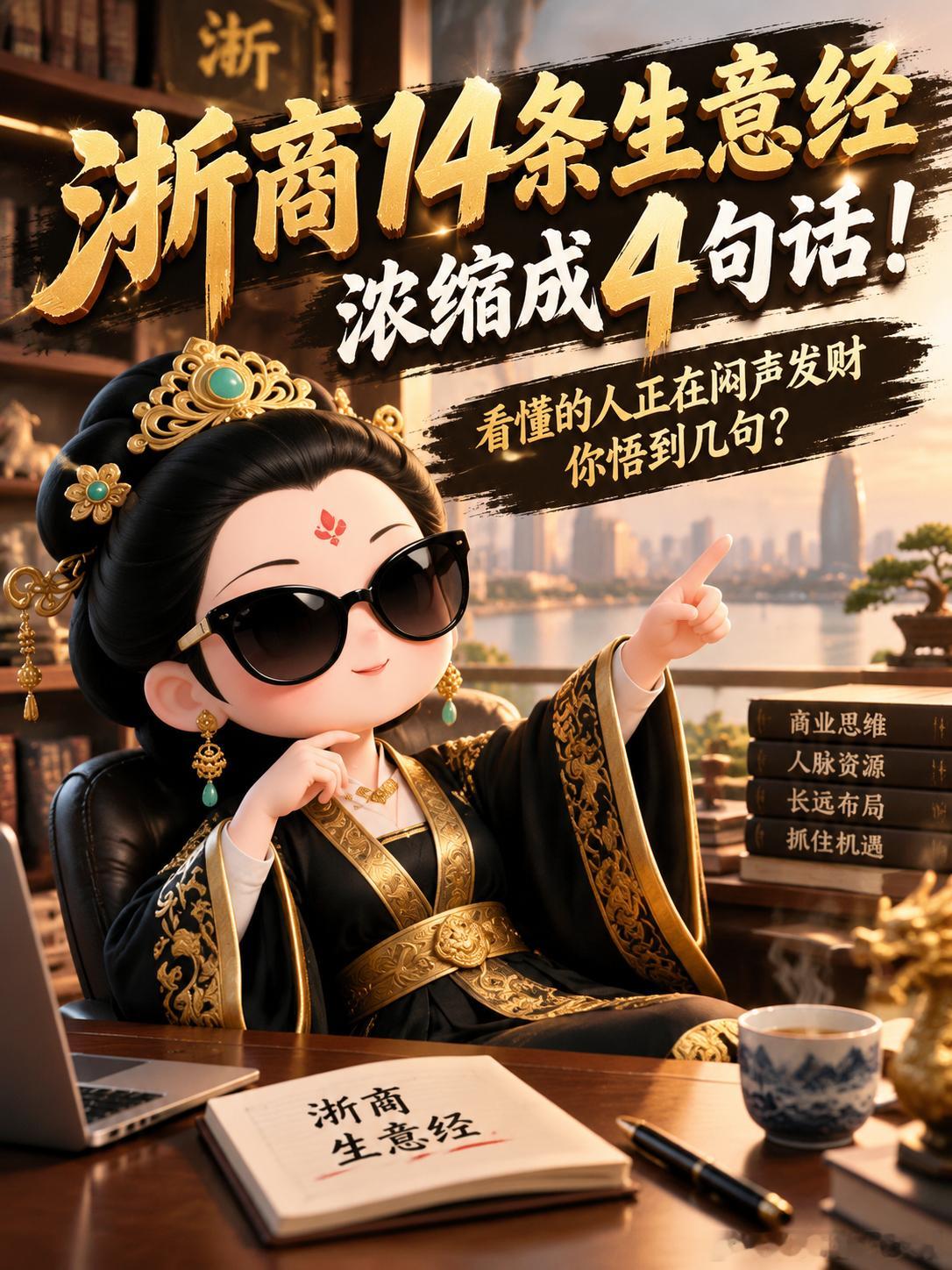 浙商14条生意经，浓缩成4句话！看懂的人正在闷声发财，你悟到几句？
 
都说浙商低调，闷声发财。
 
他们的生意经，流传最广的有14条。
 
能吃苦。务实。敢折腾。认方向。靠团队。低调。把对手当老师。卖好产品。盯人不盯钱。不做一锤子买卖。从模仿到创新。打信息战。用人不避亲疏。
 
今天不逐条讲， ​