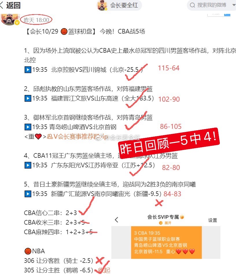 昨天CBA 5🔴4
【会长10/30篮球初盘】 今晚！CBA继续战5场

1、老牌球队辽篮继续客场作战，对阵宁波男篮
▶️19:35  宁波町渥VS辽宁本钢 

2、曾经的新土豪广州男篮坐镇主场，迎战同为3胜2负的土豪球队山西男篮
▶️19:35  广州智都集团VS山西汾酒（全场大183.5）

3、东北虎吉林男篮回到主场 ​