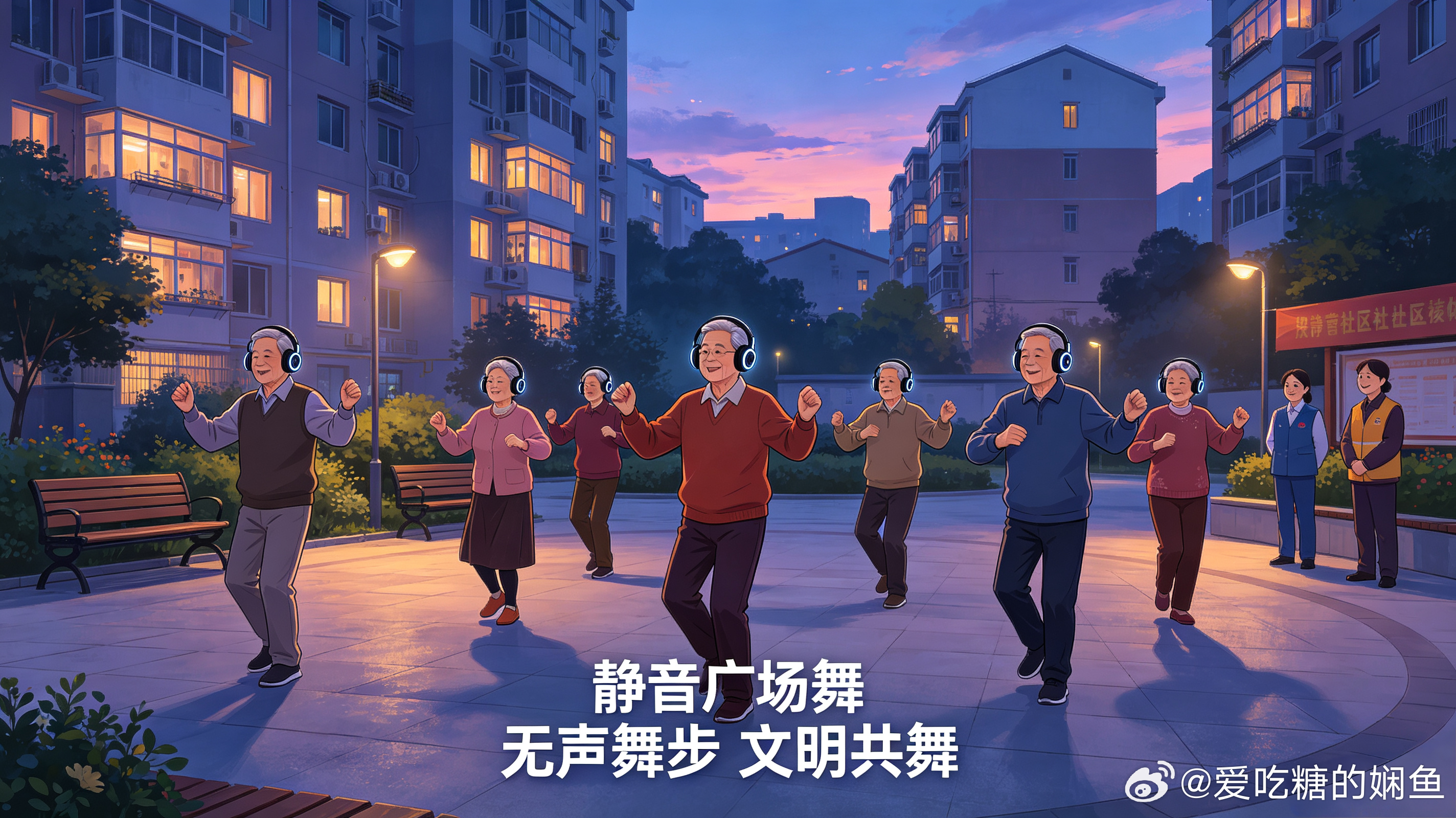 《耳机里的舞步：静音广场舞照见城市文明的温柔模样》
  华灯初上，城市广场褪去白日的喧嚣。往日里震耳的舞曲鼓点消失不见，夜色之下，一群大爷大妈头戴无线耳机，踏着统一节拍抬手、转身、迈步。舞步依旧热烈，广场却安安静静，这便是近来刷屏网络的“静音广场舞”。曾经，广场舞是市井烟火的缩影， ​