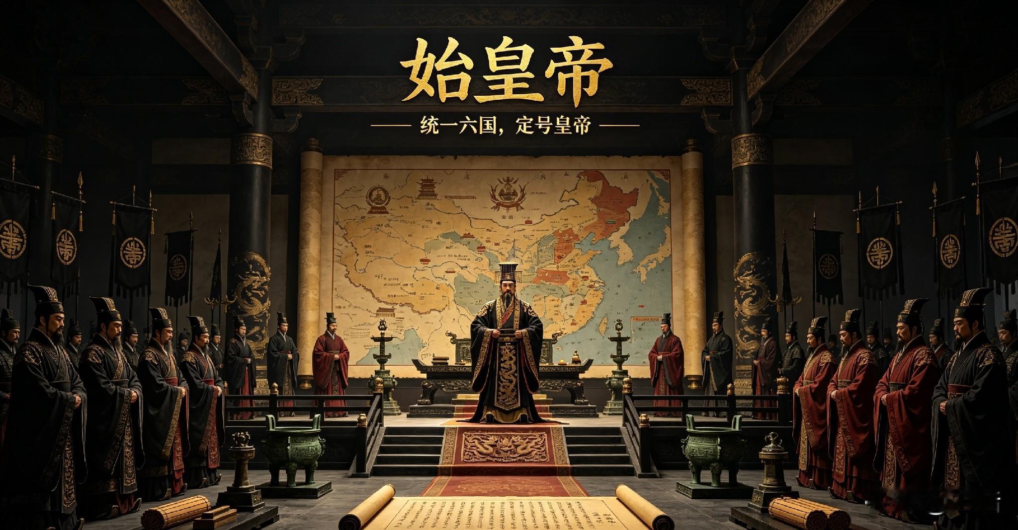战国结束，嬴政扫平六国，完成天下一统。他觉得过往“王”的称号，已经配不上自己的功业。
 
上古有三皇五帝，他各取一字，创造出“皇帝”这个全新称号。他是大秦的第一位皇帝，所以自称始皇帝，也就是秦始皇。
 
他的设想是：自己为始，后面二世、三世，一代代传下去，万世不绝。可惜秦