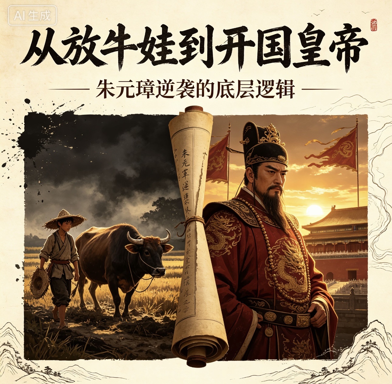 从放牛娃到开国皇帝：朱元璋逆袭的底层逻辑

一个饿到啃树皮的放牛娃，凭什么在15年内逆天改命，坐上了九五之尊？

公元1368年，40岁的朱元璋在应天称帝，建立大明王朝。往前推15年，他还是皇觉寺里一个靠乞讨为生的游方小和尚。中国历史上从来不缺草根逆袭的故事，但朱元璋的“逆袭幅度”堪称独一无二——祖