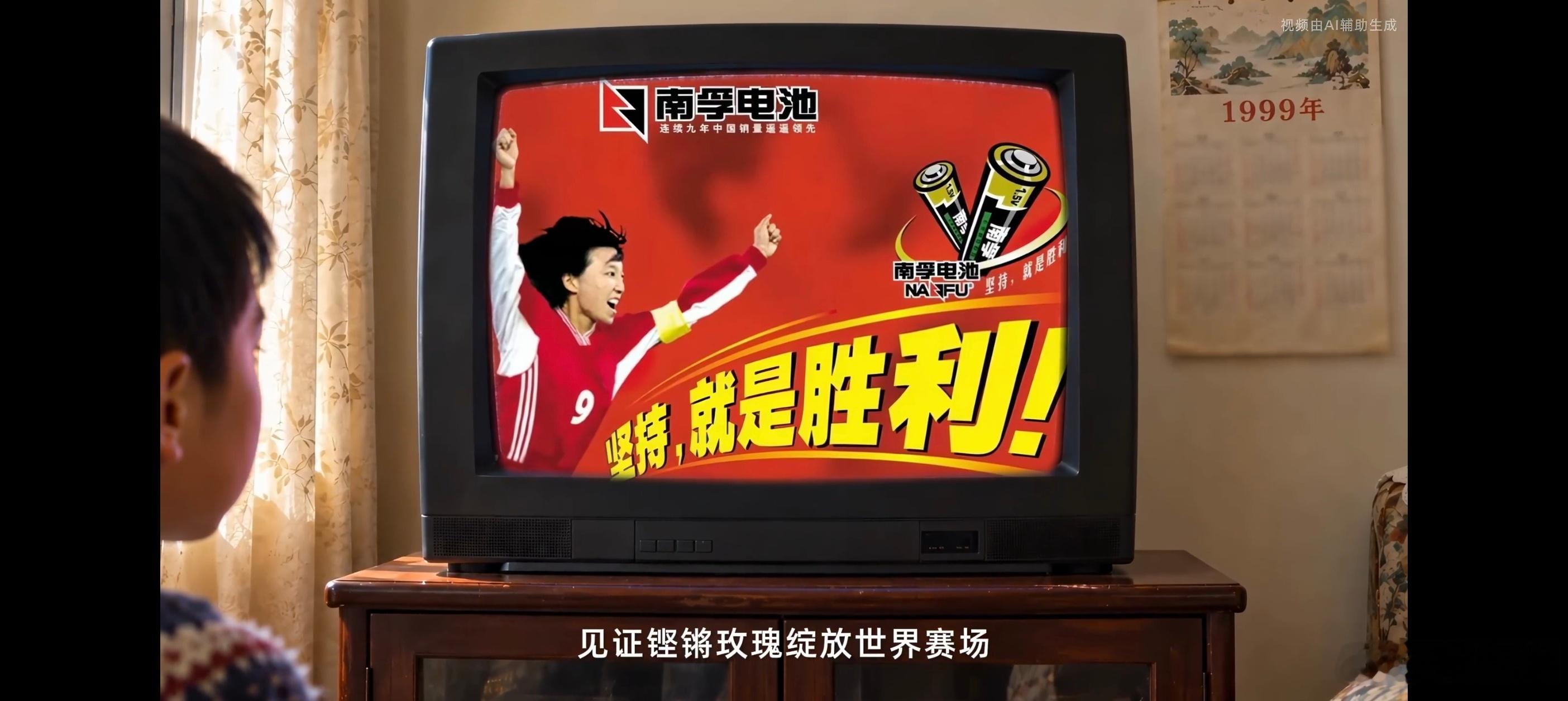 #中国能量尽情绽放# 这支TVC最打动人的地方，是开头那台1999年的老式电视机。昏黄的房间里，小屏幕上跳着女足姑娘的身影，旁边是熟悉的南孚广告，一下子就把人拉回二十多年前，守着电视为铿锵玫瑰攥紧拳头的日子。原来这份满电的陪伴，已经安安静静走了27年。
 
再看如今的赛场画面，更懂了“坚持”两 ​