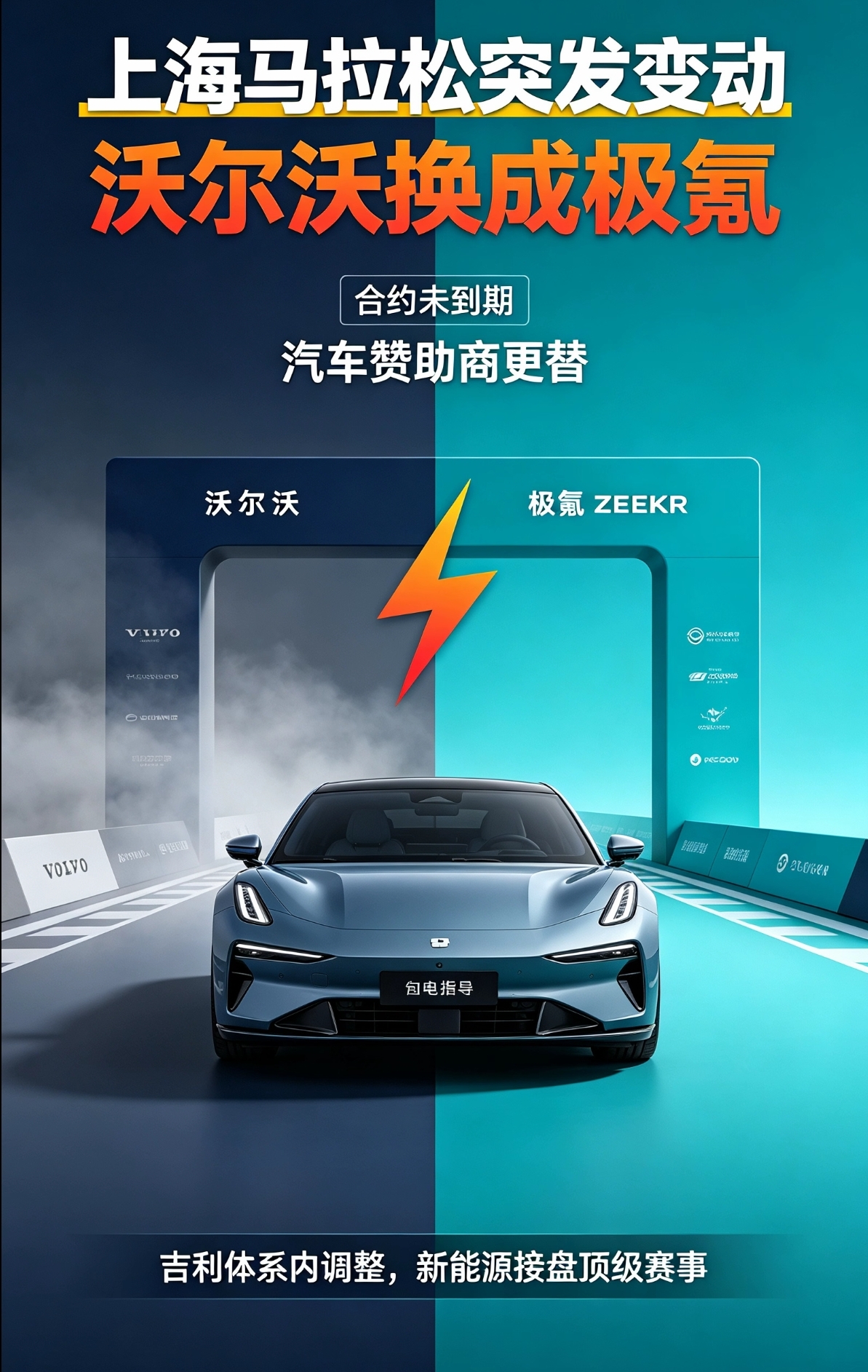 上海马拉松突发更换汽车赞助商！
 
还在合约期的沃尔沃悄然退场，极氪正式接棒上马官方汽车赞助。
 
同属吉利体系，看似内部调整，实则大势所趋！
如今顶级马拉松主打零碳纯电赛事，极氪成熟的新能源产品，比沃尔沃插混更适配赛事升级。
 
从成马、杭马再到上马，极氪全面抢占顶级路跑资源，新能源车企接管马拉松