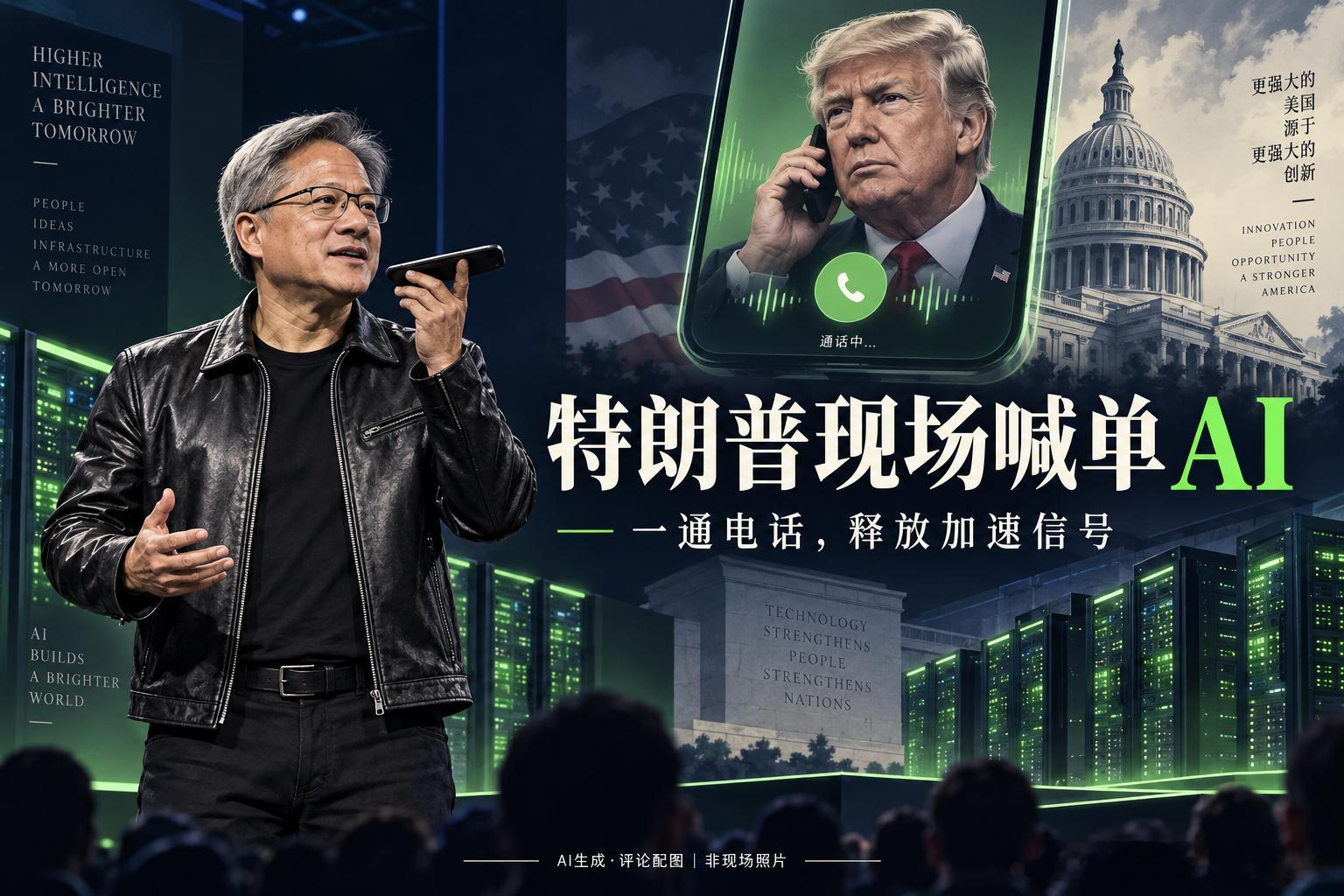 特朗普现场喊单 AI：一通免提电话，把加速路线摆上台面

*热点评论｜2026年9月15日*

黄仁勋在台上谈 AI，特朗普的电话直接打进来，再通过免提传给全场。这一幕，确实比一段发布会发言更有传播力。

据 Axios 报道，美国当地时间9月14日，黄仁勋在洛杉矶 All-In Summit 现场接到特朗普来电，两人公开反 ​