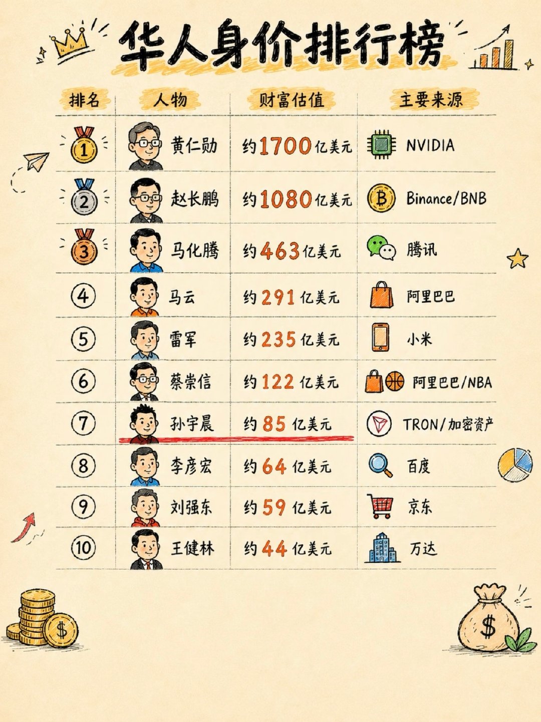 华人身价排行榜，孙宇晨都排第7了？
超过李彦宏  刘强东  王健林 ​