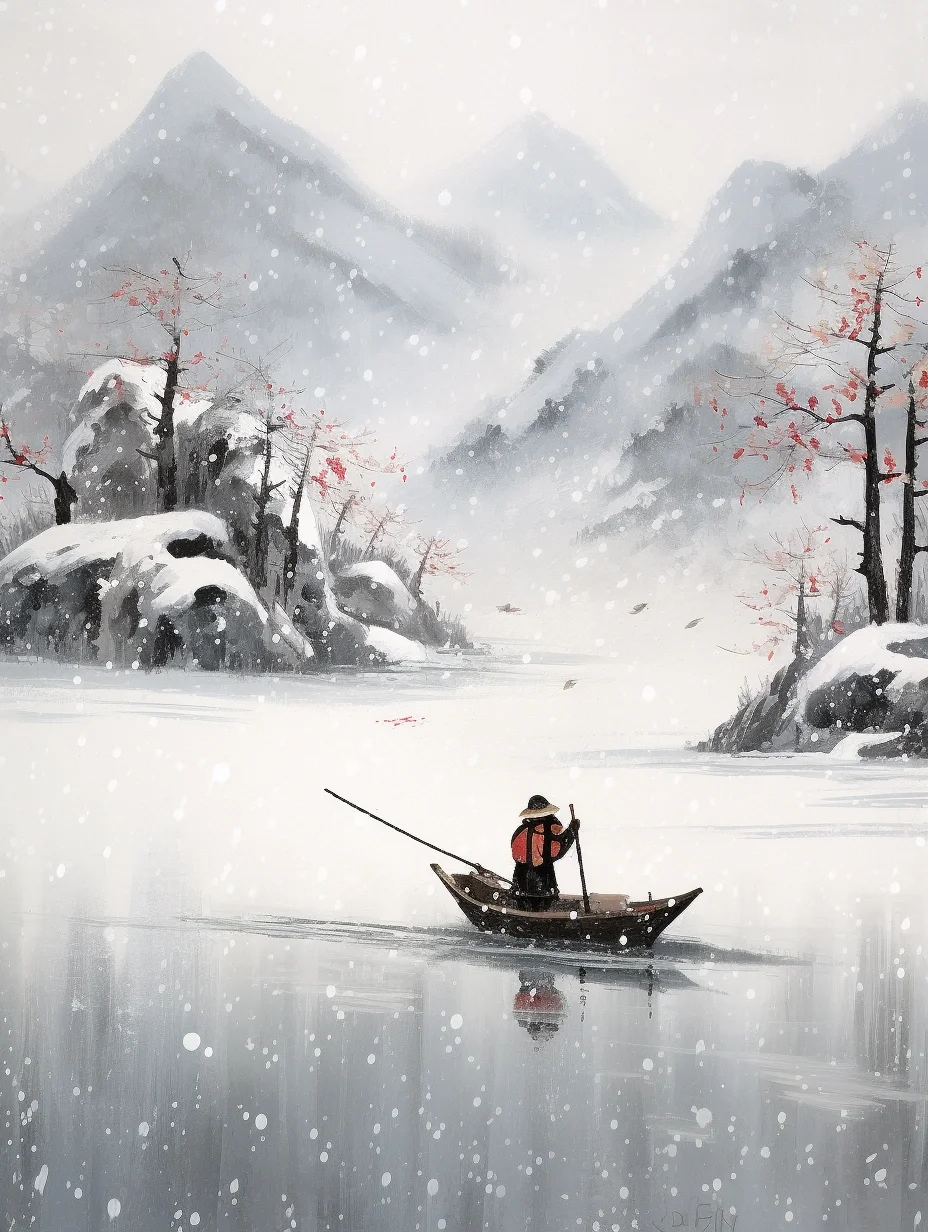 AI水彩：孤舟蓑笠翁，独钓寒江雪