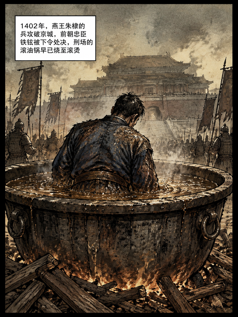 1402年，37岁的兵部尚书铁铉被扔进热油里。

太监拿铁叉想翻他尸身，让脸朝朱棣的宫殿，结果油锅突然炸了！

那焦黑的尸身被弹得翻了个个儿，可脊背还是死死背对着皇宫。

朱棣身边的监刑太监烫得直甩手，最后朱棣竟下了道旨不许再碰这具尸体？

这书生死后，到底让皇帝认了啥硬气？