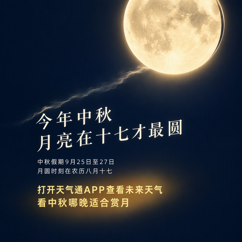 【今年中秋，月圆在十七】
中秋的月亮今年有点特别：最圆时刻不在农历八月十五，而在八月十七，是较为少见的"十五的月亮十七圆"。月亮可以等两天，想看它最圆的样子，还得看那几晚的天空配不配合。你所在的地方中秋假期哪晚适合抬头？打开天气通APP查看未来天气，把赏月安排给有月的夜晚。 ​