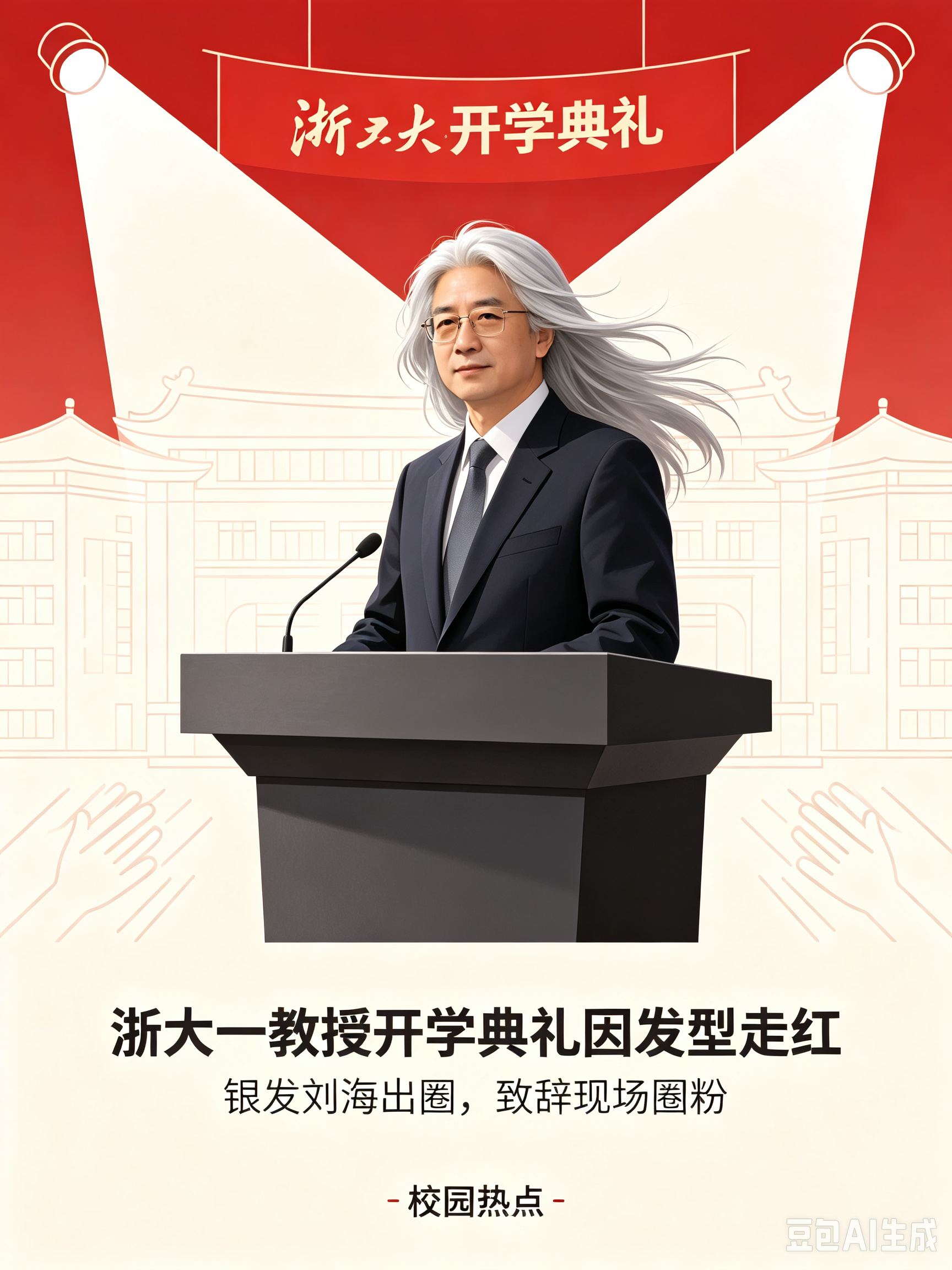 浙大开学典礼一教授因发型走红
浙大开学典礼，韩高荣教授上台致辞，飘逸银发刘海出圈走红，尽显学者风趣魅力。
