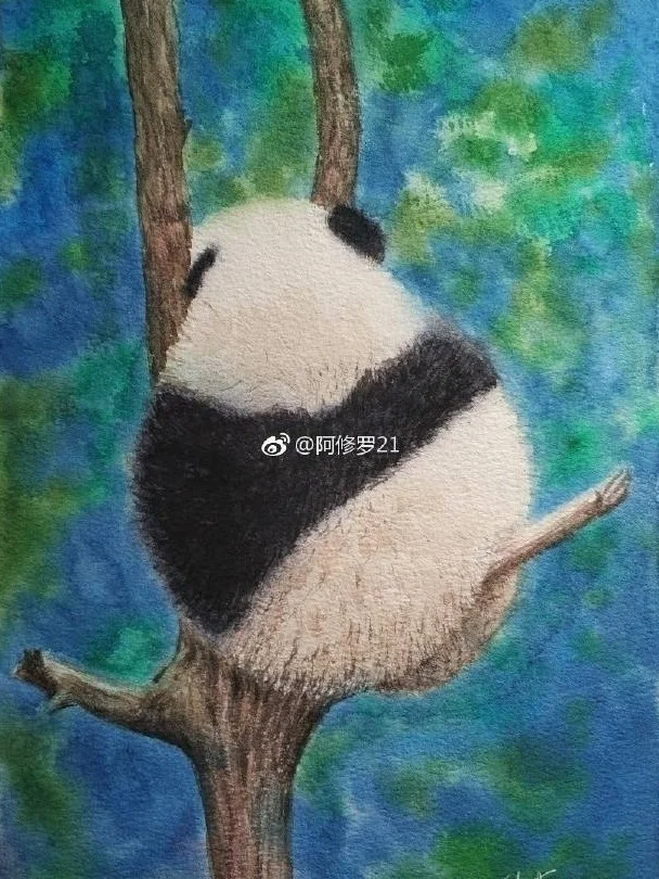 水彩大熊猫。树上挂了个芝麻团~