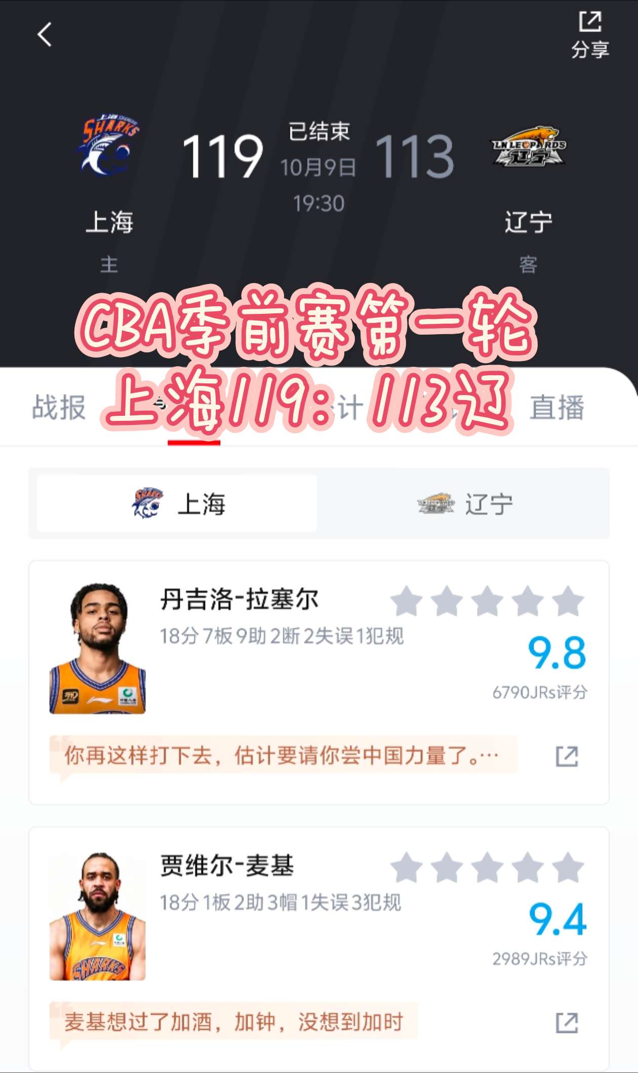 CBA开赛，上海队拉塞尔降维打击送惊喜！CBA季前赛首轮
上海119：113辽宁
拉塞尔首秀，惊喜的不是得分，而是串联球队的那种游刃有余！
比赛中，拉塞尔麦基也上演了挡拆连线！
新赛季，期待上海队！