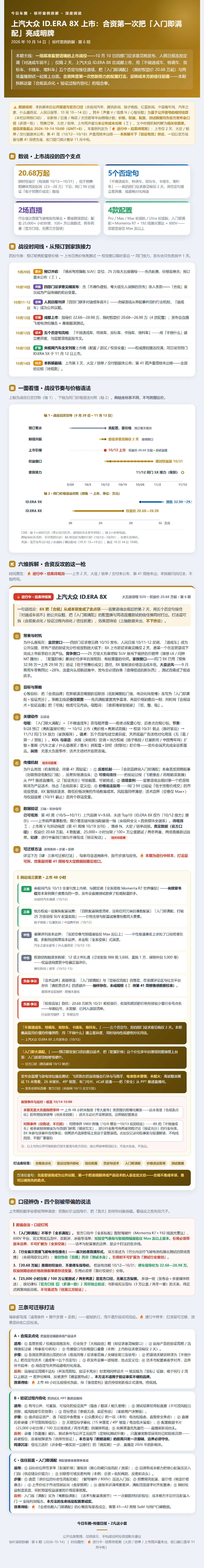 四部门征求意见期，上汽大众ID.ERA 8X上市，距新规仅2天。发布会放话不做速成车、双标车、堆料车；入门版即搭Momenta世界模型和192线激光雷达，限时权益价20.68万起，并直播飞坡撞击与高坡翻滚测试。合规话术撞上监管语境，时机比声量更值得看。 #上汽大众##大众ID.##今日车圈# ​