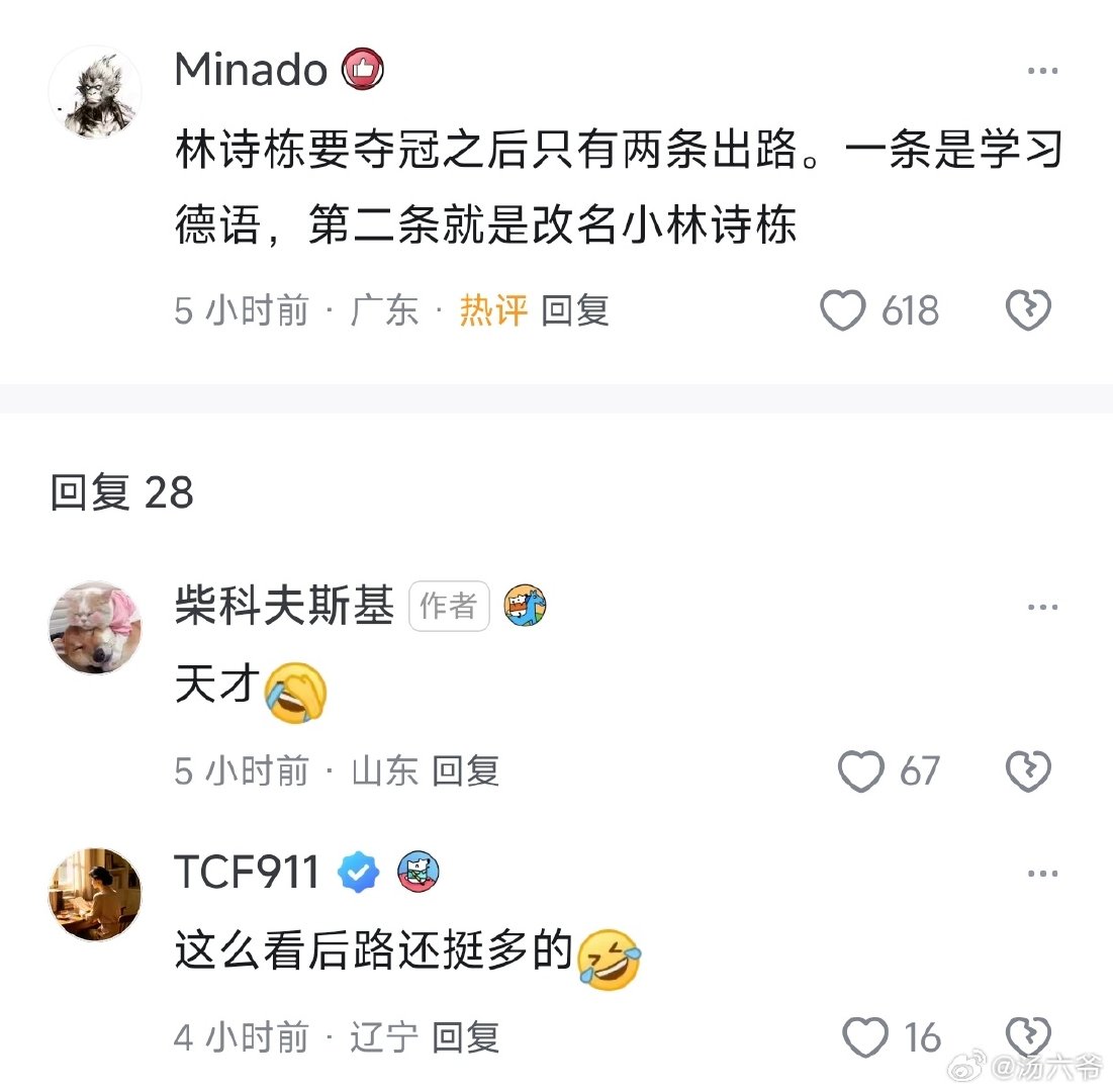 网友的评论也太讽刺了：林诗栋要夺冠之后只有两条出路。

#林诗栋 你一分我一分# ​