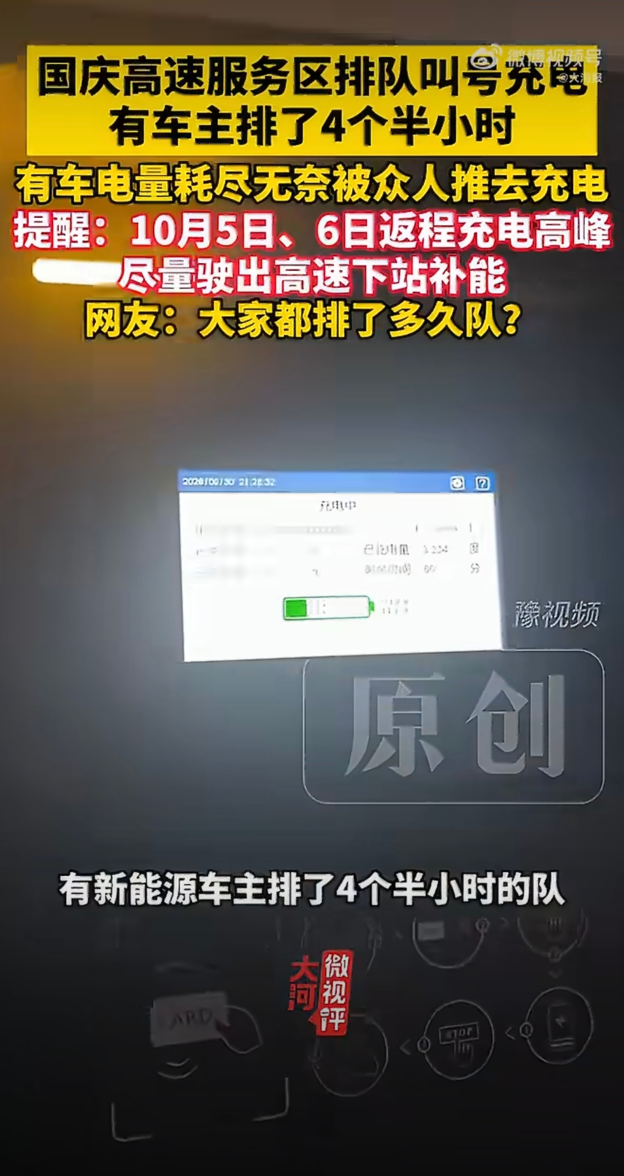 今年国庆长假，高速服务区又上演了新能源车排队充电的场面。这次引起大家讨论的，是湖北枣阳北服务区的一个规定：车子充到百分之八十，就必须离场。

事情发生在九月三十号晚上。有位黄女士从重庆开车回江苏，路上电量告急，开进了枣阳北服务区东区。进去一看就傻眼了，充电区不是直接排队插枪，而是要先取号，工作人员一