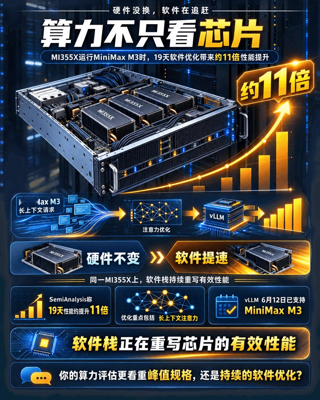 芯片性能不只由硬件规格决定，软件栈也可能在短时间内重写有效算力。

SemiAnalysis 9月8日在 X 上称，AMD MI355X 运行 MiniMax M3 的智能体工作负载时，vLLM 在不到19天内把性能提高约11倍，关键优化集中在长上下文注意力等路径。vLLM官方项目在6月12日已发布