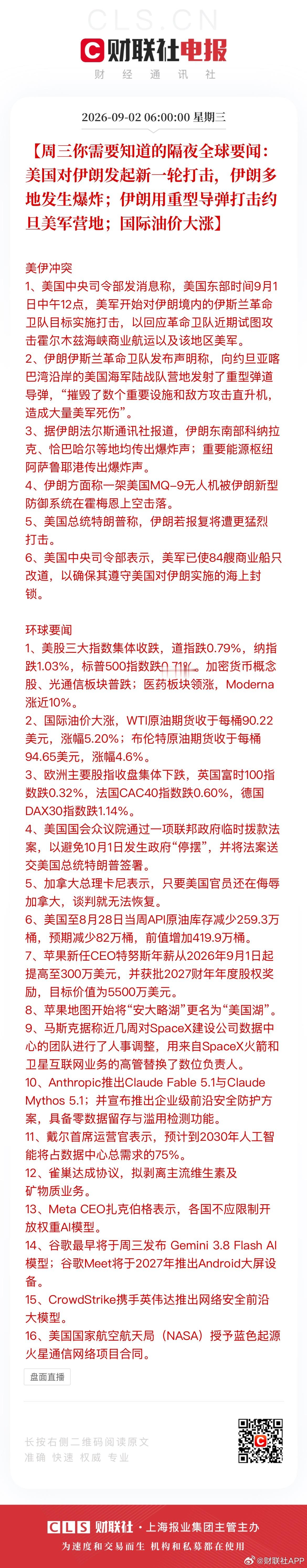 #国际油价深夜大涨超5%##苹果新任ceo年薪曝光# 【周三你需要知道的#隔夜全球要闻#：美国对伊朗发起新一轮打击，伊朗多地发生爆炸；伊朗用重型导弹打击约旦美军营地；国际油价大涨】
美伊冲突
1、美国中央司令部发消息称，美国东部时间9月1日中午12点，美军开始对伊朗境内的伊斯兰革命卫队目标实施打击 ​