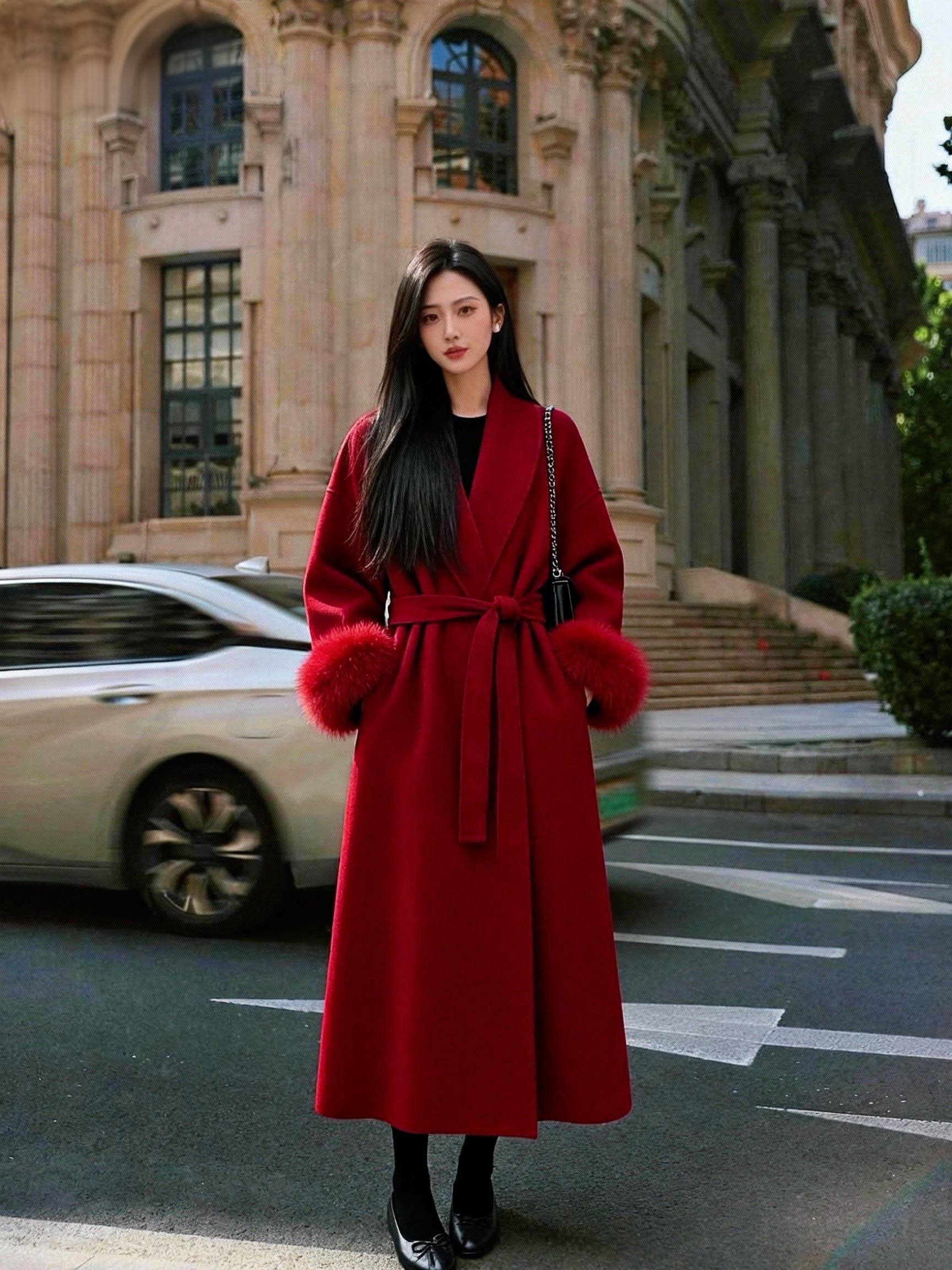 【都市御姐风！毛绒袖系带大衣+黑丝高跟鞋，高级吸睛的出街模板～】