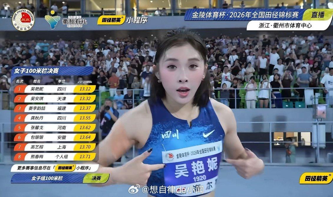 吴艳妮13秒12成功摘金。 决赛遭遇起跑小插曲、领到黄牌，依旧稳住心...