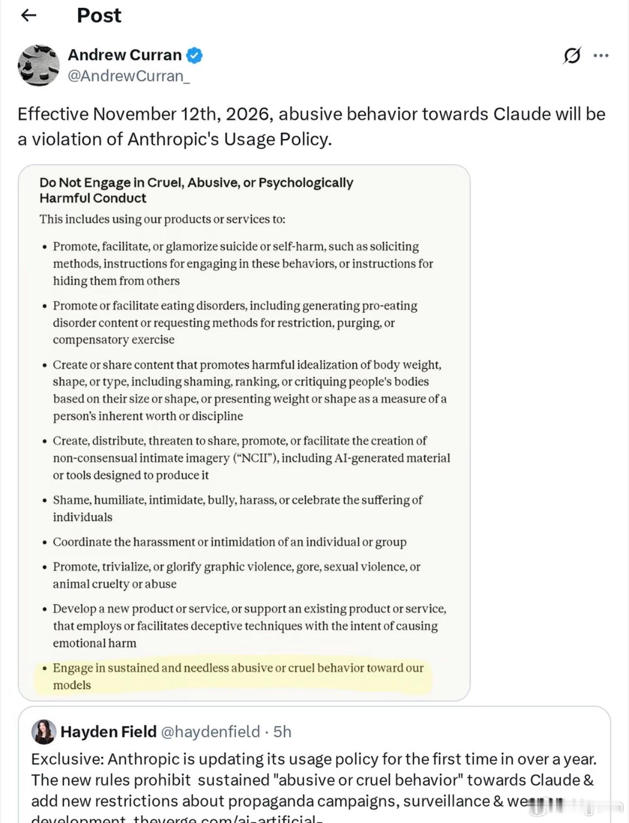 Anthropic更新Claude使用条款，11月12日正式实施，禁止持续无必要地辱骂、残酷对待AI，重复违规可警告、限制甚至封禁账号￼￼￼。

官方澄清：正常吐槽模型、漏洞安全测试不受约束，针对的是猎奇向无休止折磨羞辱AI的行为。

争议瞬间引爆：
支持者认为可以减少有害输入污染模型，保护后台标注人员；
 ​