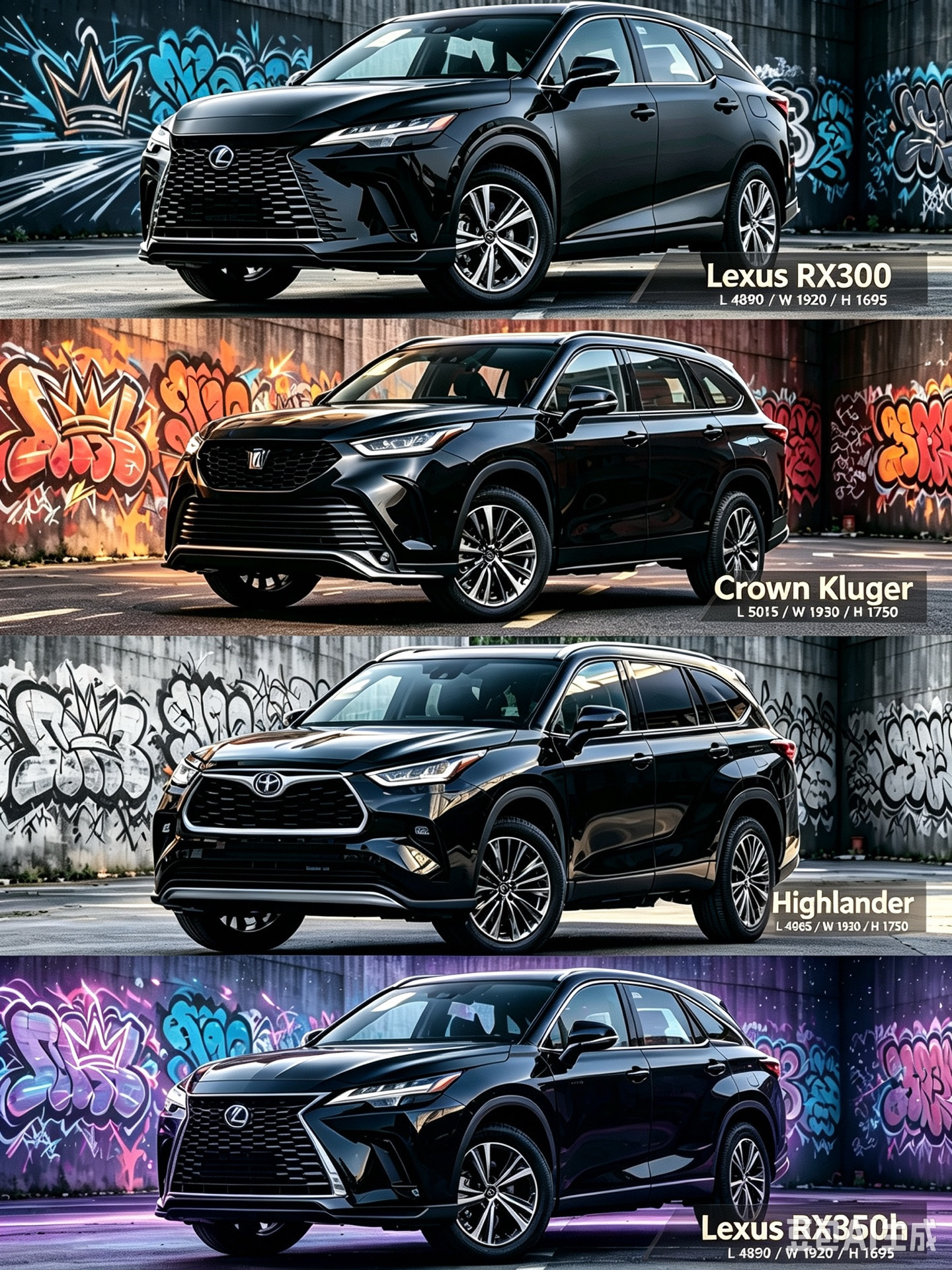雷克萨斯RX/皇冠陆放/汉兰达怎么选？
1. Lexus RX300（雷克萨斯RX300）
📏尺寸：4890×1920×1695 mm，车长4890mm   
💰官方指导价：38.00‑39.80万；燃油2.4T涡轮增压，5座，豪华品牌进口车   
2. Crown Kluger 皇冠陆放
📏尺寸：