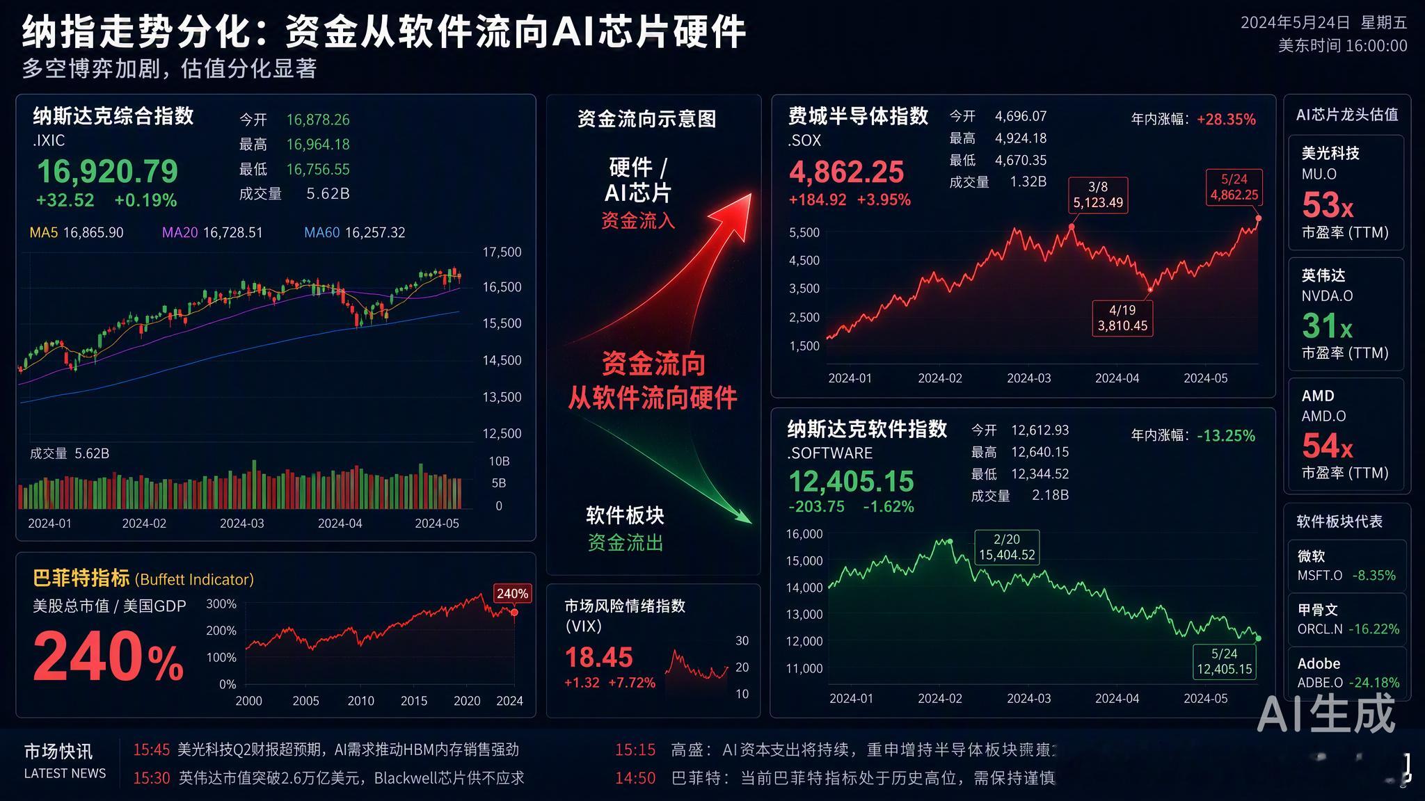 纳指多空博弈与AI股分化

指数看着稳，内部却在剧烈撕裂。

美光财报超预期、HBM供不应求，存储芯片股价应声大涨；苹果却因服务业务不及预期单日跌超7%，软件板块连续阴跌。高盛数据显示对冲基金把半导体敞口推到历史高位，软件配置却降到2019年以来最低。

市场不是不信AI，是在算细账。英伟达31倍市 ​