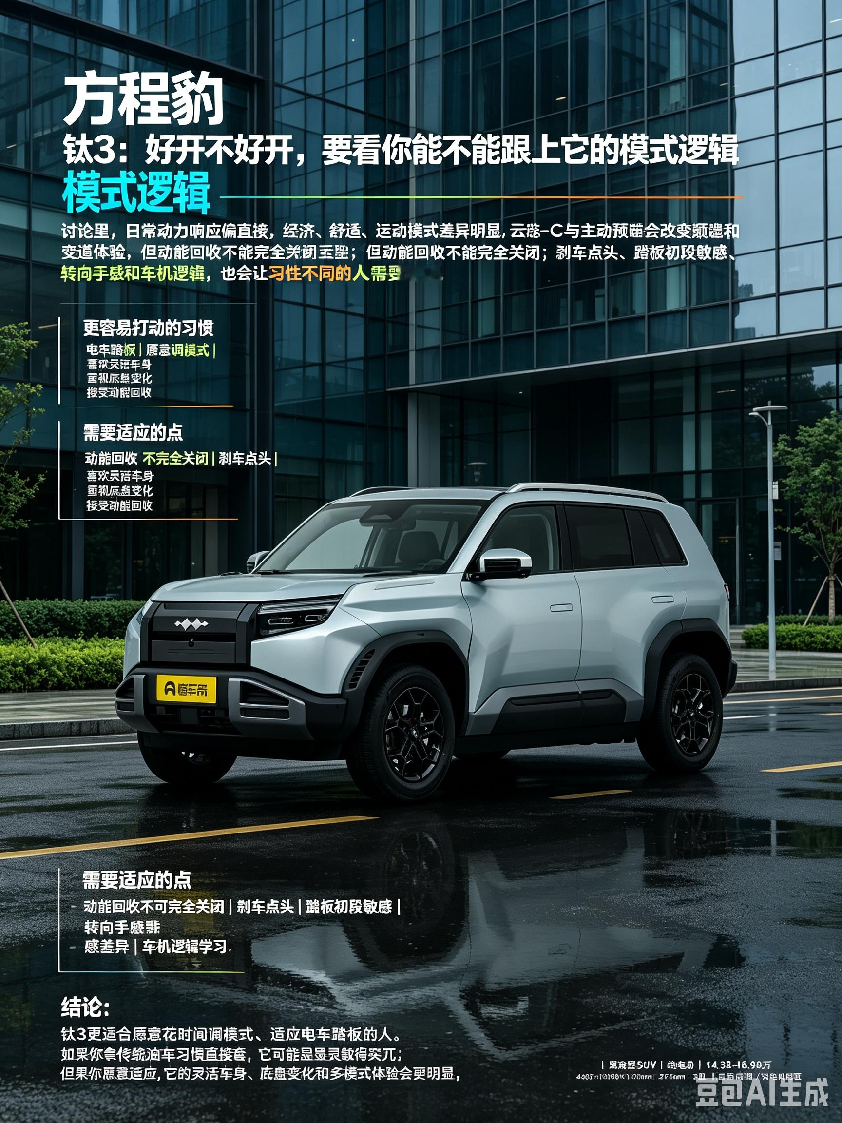 观点：方程豹 钛3的驾驶感受，关键不在“够不够硬核”，而在不同驾驶习惯能不能跟上它的模式与踏板逻辑。讨论里，日常动力响应偏直接，经济/舒适/运动模式差异明显，云辇-C与主动预瞄会改变颠簸和变道体验；但动能回收不能完全关闭、刹车点头、踏板初段敏感、转向手感和车机逻辑，也会让习惯不同的人需要适应。它更适