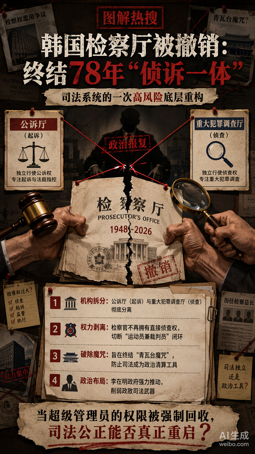 #韩国检察厅被撤销#韩国运行了78年的检察厅正式下线，这相当于司法系统进行了一次高风险的底层架构重构。

过去侦诉一体的模式让检方同时掌握了侦查权和起诉权，就像是一个既当运动员又当裁判员的超级管理员。这种权限过度集中催生了“政治检察”这个顽固的系统 BUG，也让“青瓦台魔咒”成了政权更迭时 ​