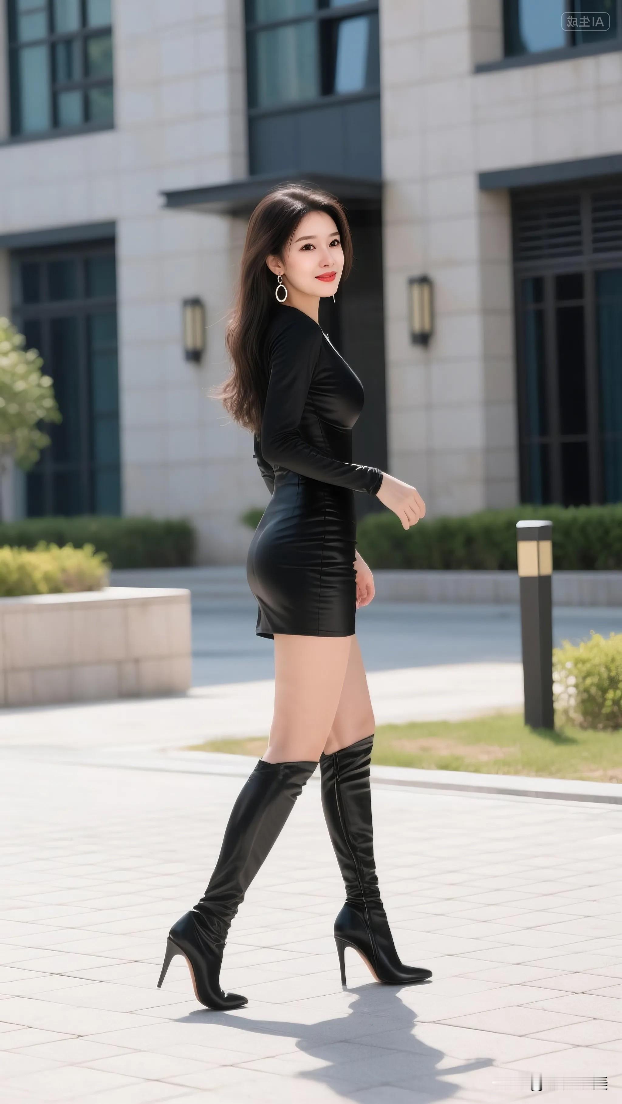 街头邂逅时尚感拉满的小姐姐✨ 黑色皮裙配长靴，简约又高级，走路带风，这...