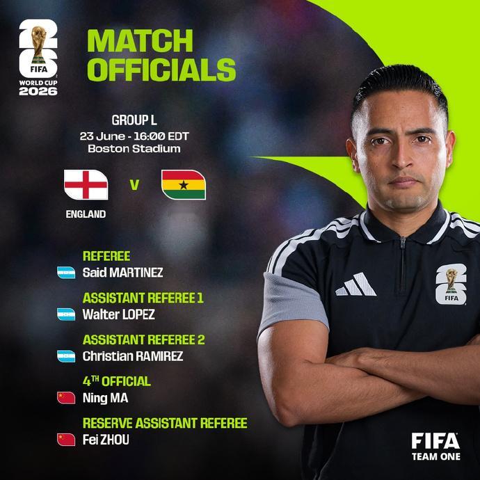 ​​​​FIFA官方：马宁担任英格兰vs加纳第四官员，周飞担任候补助理...