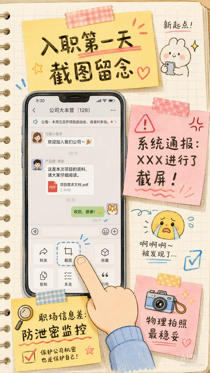 入职第一天截图留念，结果被系统在全员大群通报“XXX进行了截屏”，这种尴尬程度确实让人想原地消失。

其实这背后是新人对办公软件隐性规则的“信息差”。很多大厂或保密要求高的公司，会在企业微信、钉钉等工具里开启防泄密监控。老员工对此早已习以为常，或者早就关闭了相关提醒，但新人往往还停留 ​