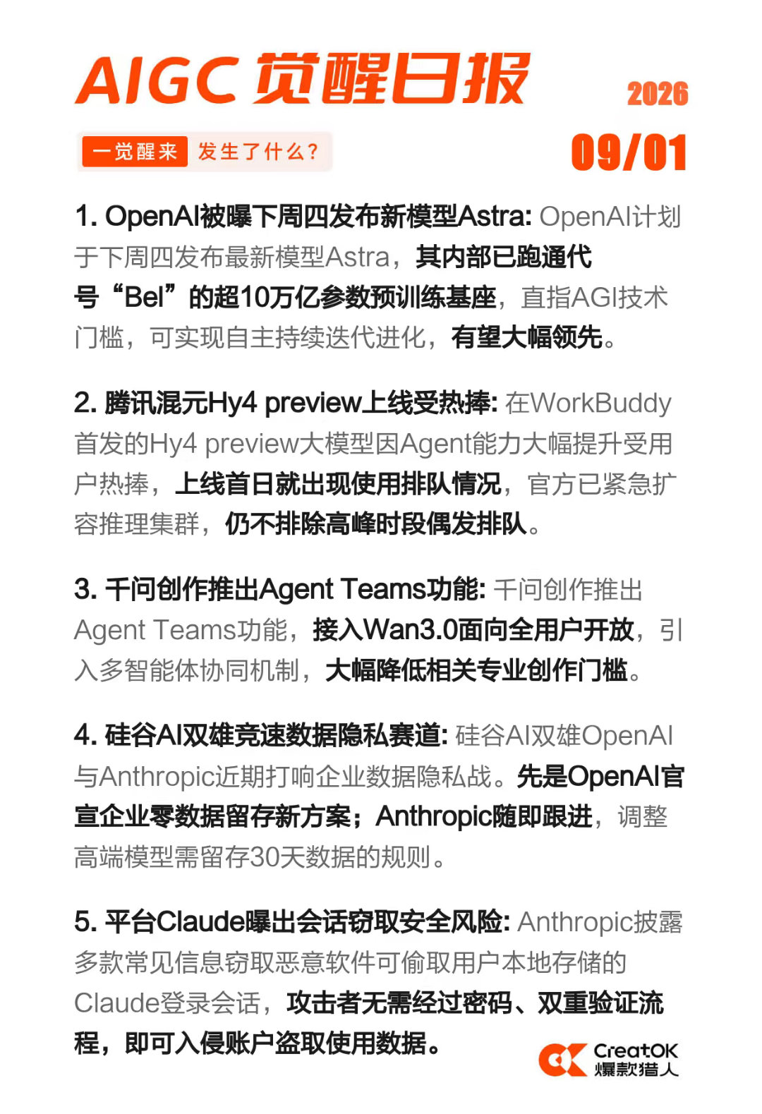 AIGC 觉醒日报 2026-09-01

1)OpenAI被曝下周四发布新模型Astra
2)腾讯混元Hy4 preview上线受热捧
3)千问创作推出Agent Teams功能
4)硅谷AI双雄竞速数据隐私赛道
5)平台Claude曝出会话窃取安全风险 ​