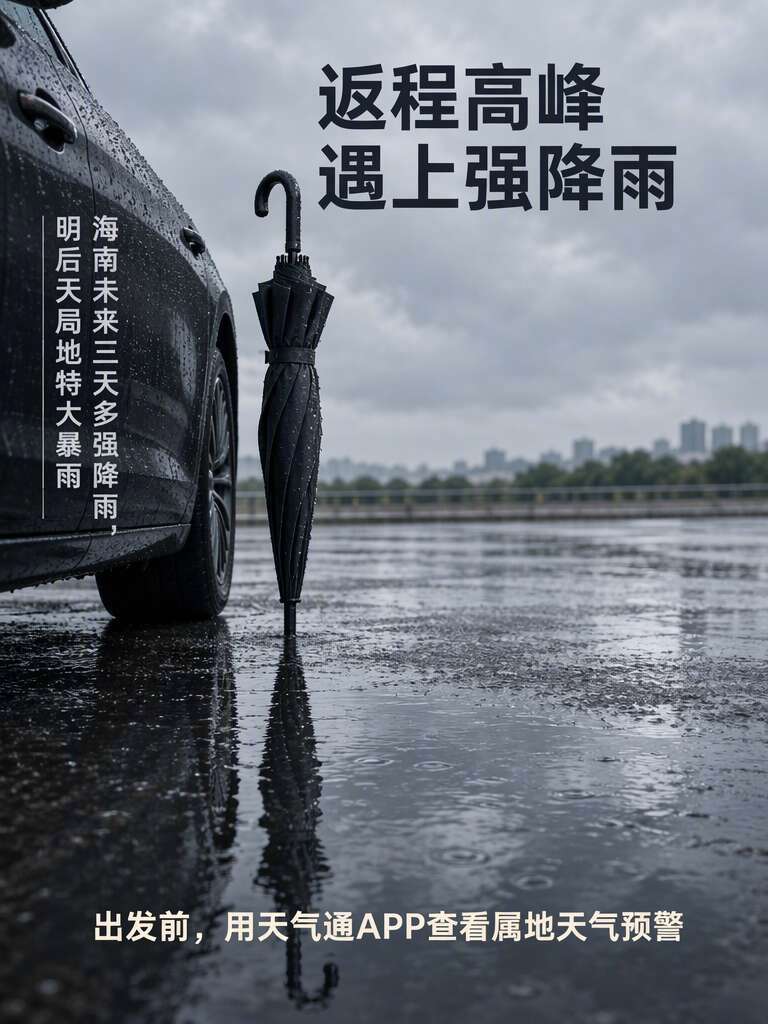【海南返程遇强降雨 先查预警再出发】海南未来三天多强降雨，局地有暴雨；明后天海南岛东半部有暴雨到大暴雨、局地特大暴雨。正值假期返程，出发前先做一件事：查看属地天气预警，确认有没有生效的暴雨预警，再定出发时间和路上的雨具准备。#假期每一程都有天气通##国庆去哪天气更合适# ​