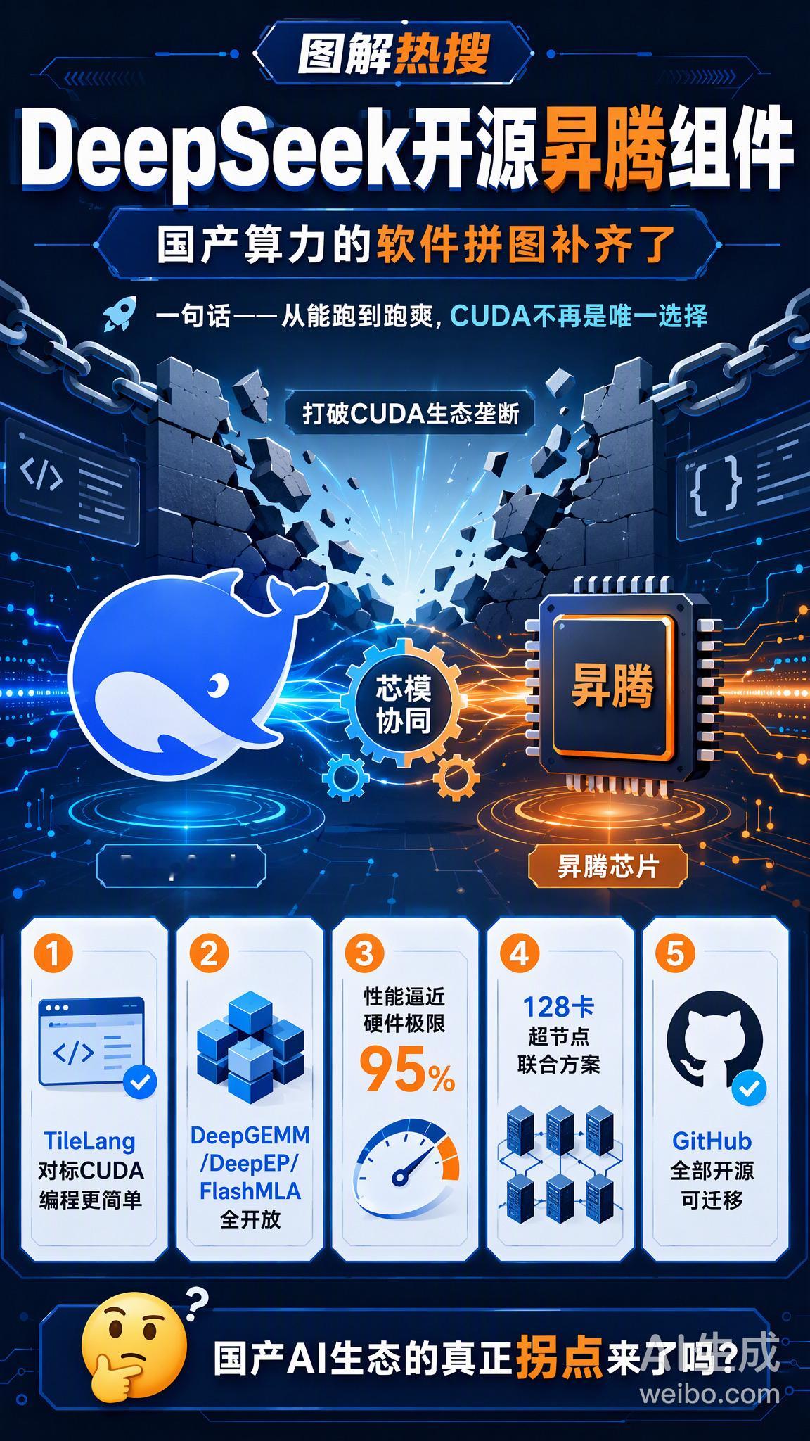 今天（9月30日），DeepSeek正式官宣，开源面向华为昇腾算力平台的全套基础设施组件，包括TileLang编译工具、计算库、分布式通信库，和此前英伟达平台的开源组件一一对应。

几个关键点：
· TileLang对标英伟达CUDA，编程更简单，同时能跑