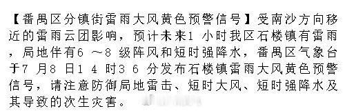 【番禺区分镇街雷雨大风黄色预警信号】受南沙方向移近的雷雨云团影响，预计...