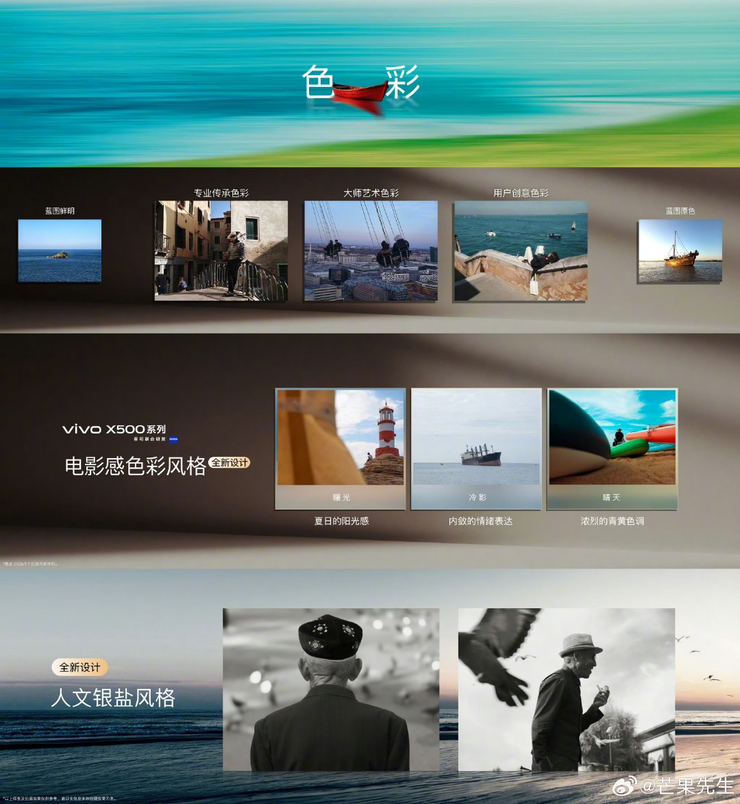vivo蓝图影像战略全面升级，即将发布的vivo X500系列首发蓝图光御900传感器，拥有7级防抖、超强长焦与专业视频规格；色彩、人像全面优化，新增AI摄影助手、灵感修图等功能，开始期待vivo X500 Pro Max ​