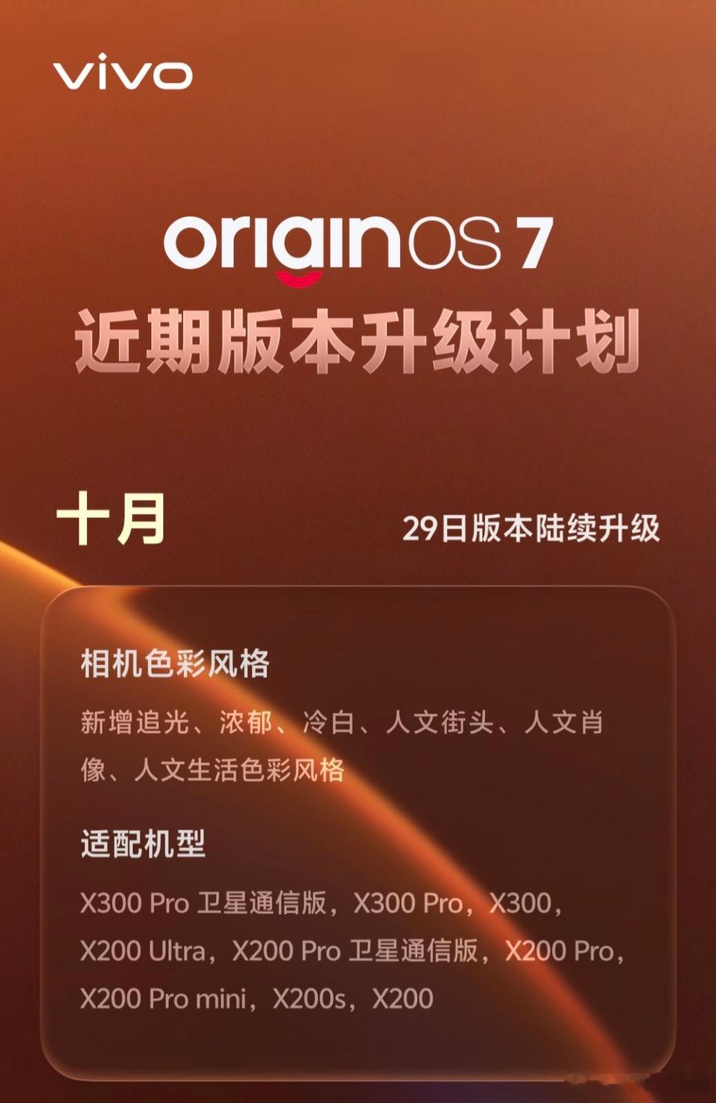 重磅消息！OriginOS用户赢了！
 
OriginOS 7 近期升级计划出炉，10月底一直排到12月下旬，新功能一波接一波，看看你的机子轮到什么时候👇
 
📅 10月29日 陆续推送
相机色彩风格上新：追光、浓郁、冷白、人文街头、人文肖像、人文生活
适配：X300 Pro 卫星通信版 / X300 Pro / X300 / X200 Ultra /  ​