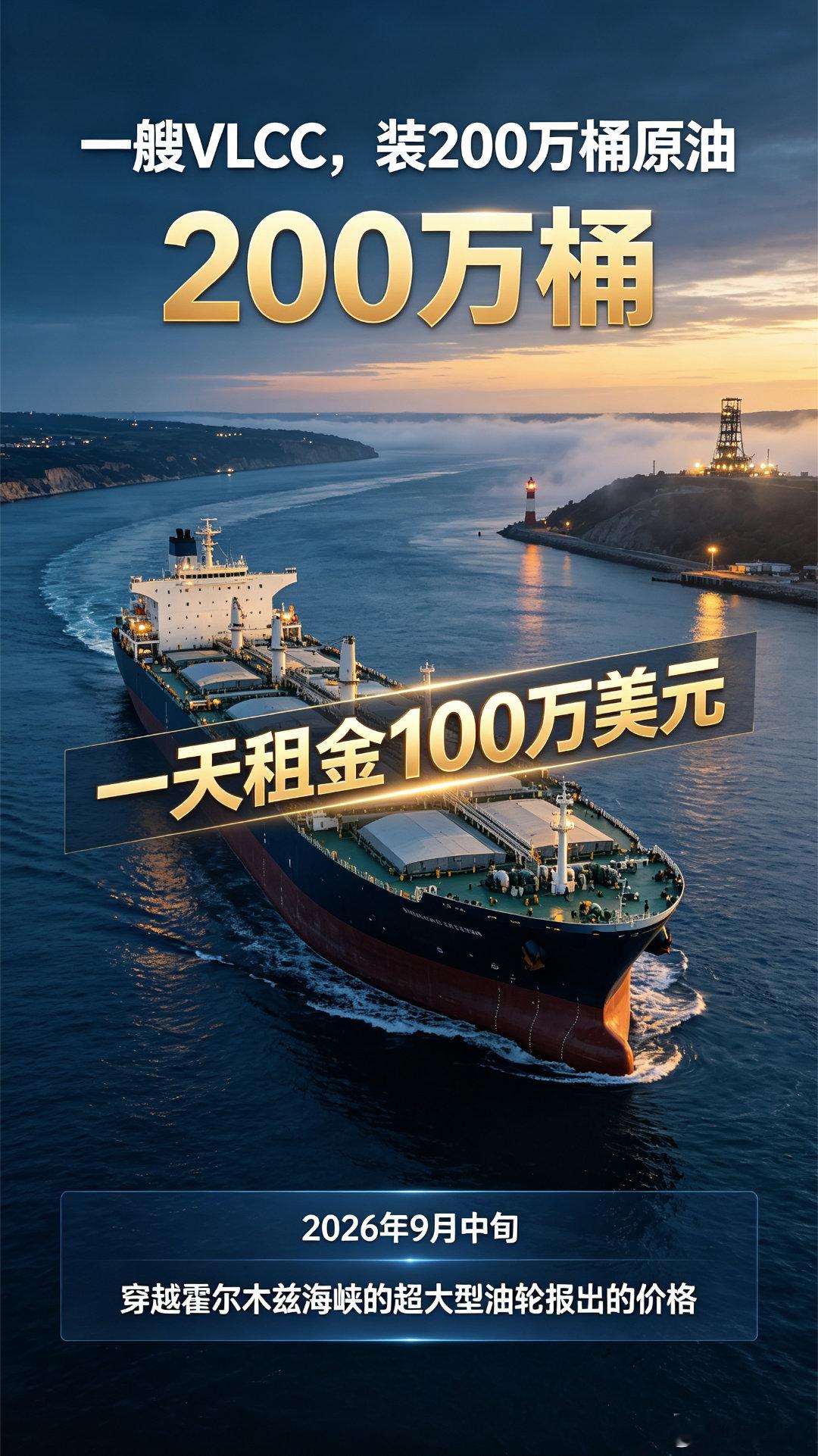 一天租金100万美元！VLCC创下人类航运史最高纪录，船东：一辈子没见过这种行情

兄弟们，今天说一个真正把“地缘冲突溢价”演绎到极致的市场——超大型油轮（VLCC）。

一艘VLCC，装200万桶原油，一天租金100万美元。这是2026年9月中旬，穿越霍尔木兹海峡的超大型油轮报出的价格。这远远超出了油轮历史 ​
