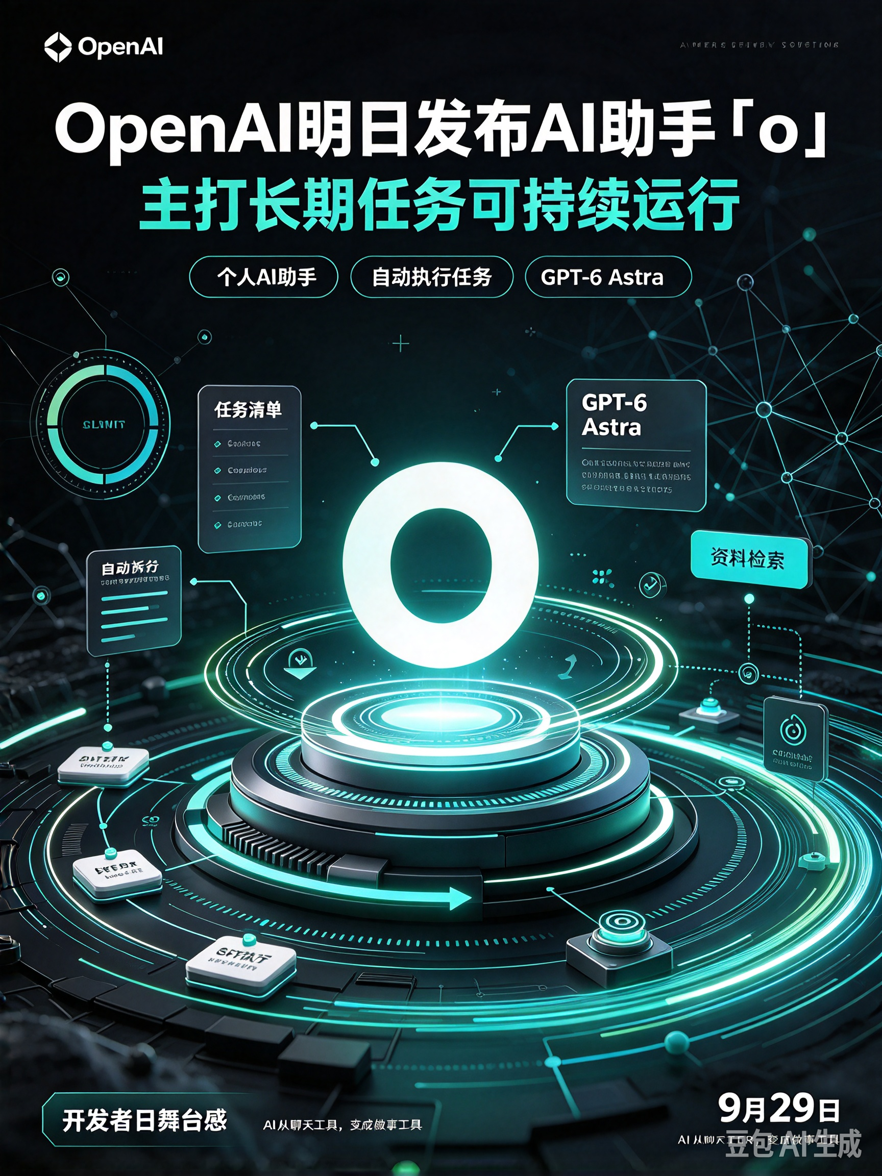 OpenAI 发布 AI 助手「o」：主打长期任务可持续运行
9 月 28 日最新消息，OpenAI 计划在 9 月 29 日开发者日活动上，正式推出名为「o」的全新 AI 助手。该产品定位为可持续运行、处理长期任务的个人 AI 助手，底层将搭载 GPT-6 Astra 的 Aeon 版本，专门针对