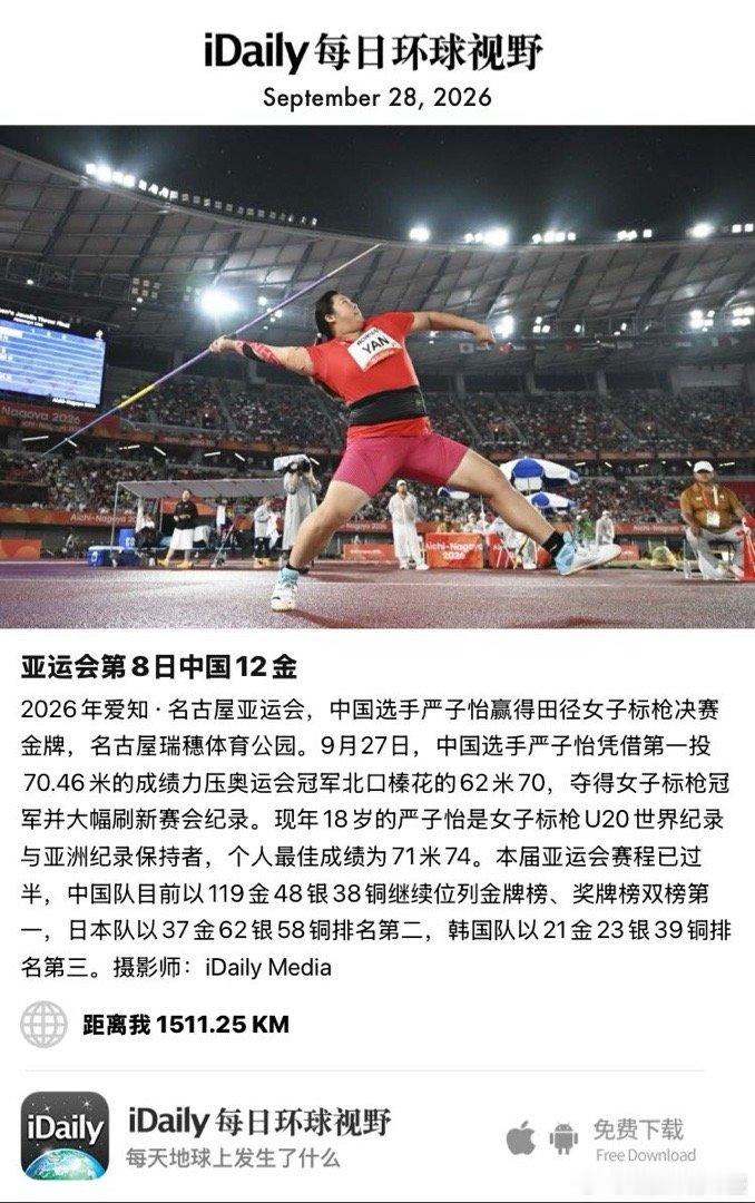 September 28, 2026 - 2026年爱知·名古屋亚运会，中国选手严子怡赢得田径女子标枪决赛金牌，名古屋瑞穗体育公园。9月27日，中国选手严子怡凭借第一投70.46米的成绩力压奥运会冠军北口榛花的62米70，夺得女子标枪冠军并大幅刷新赛会纪录。现年18岁的严子怡 ​