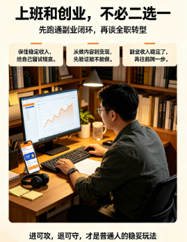 #00后产品经理转型AI博主月入5万# 其实根本不用在 “上班” 和 “创业” 之间二选一，完全可以先走 “主业 + 副业” 的双轨模式。
一边保住上班的稳定收入和社保，一边用业余时间做 AI 自媒体。不用一开始就对标月入五万，先跑通从做内容到变现的完整链路，验证自己能不能吃这碗饭。等副业收入能稳定覆 ​