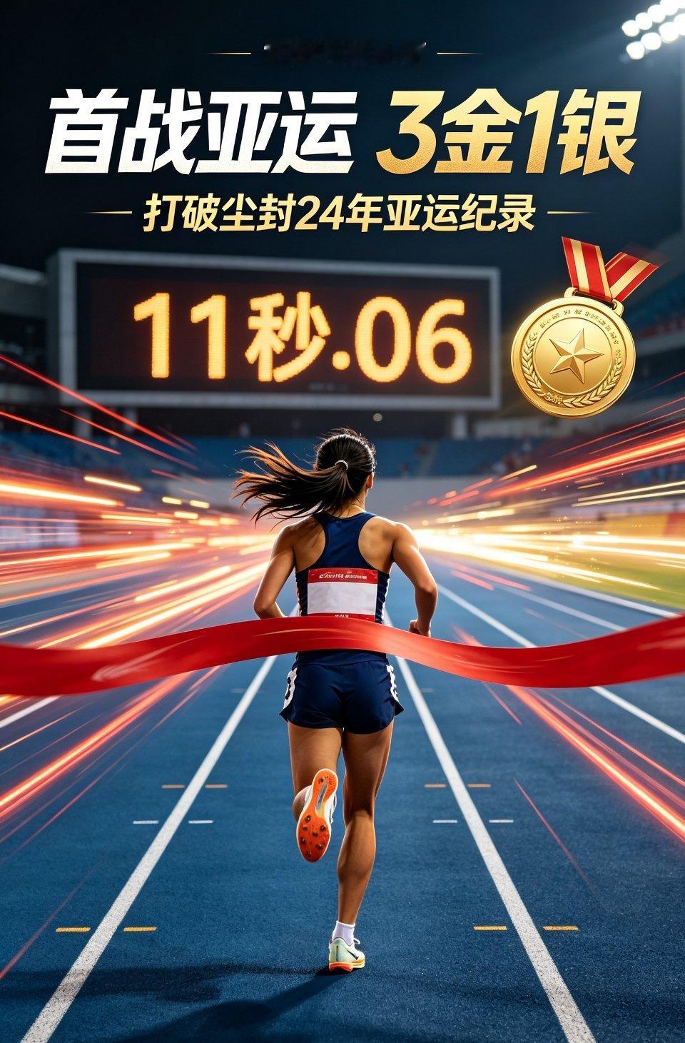 17岁宁波小将陈妤颉，在2026年名古屋亚运会上首次参赛便斩获3金1银，不仅打破女子百米亚运会纪录，更被网友亲切称为“小孩姐”。  一、亚运战绩：3金1银闪耀名古屋- 女子100米夺金：9月25日，陈