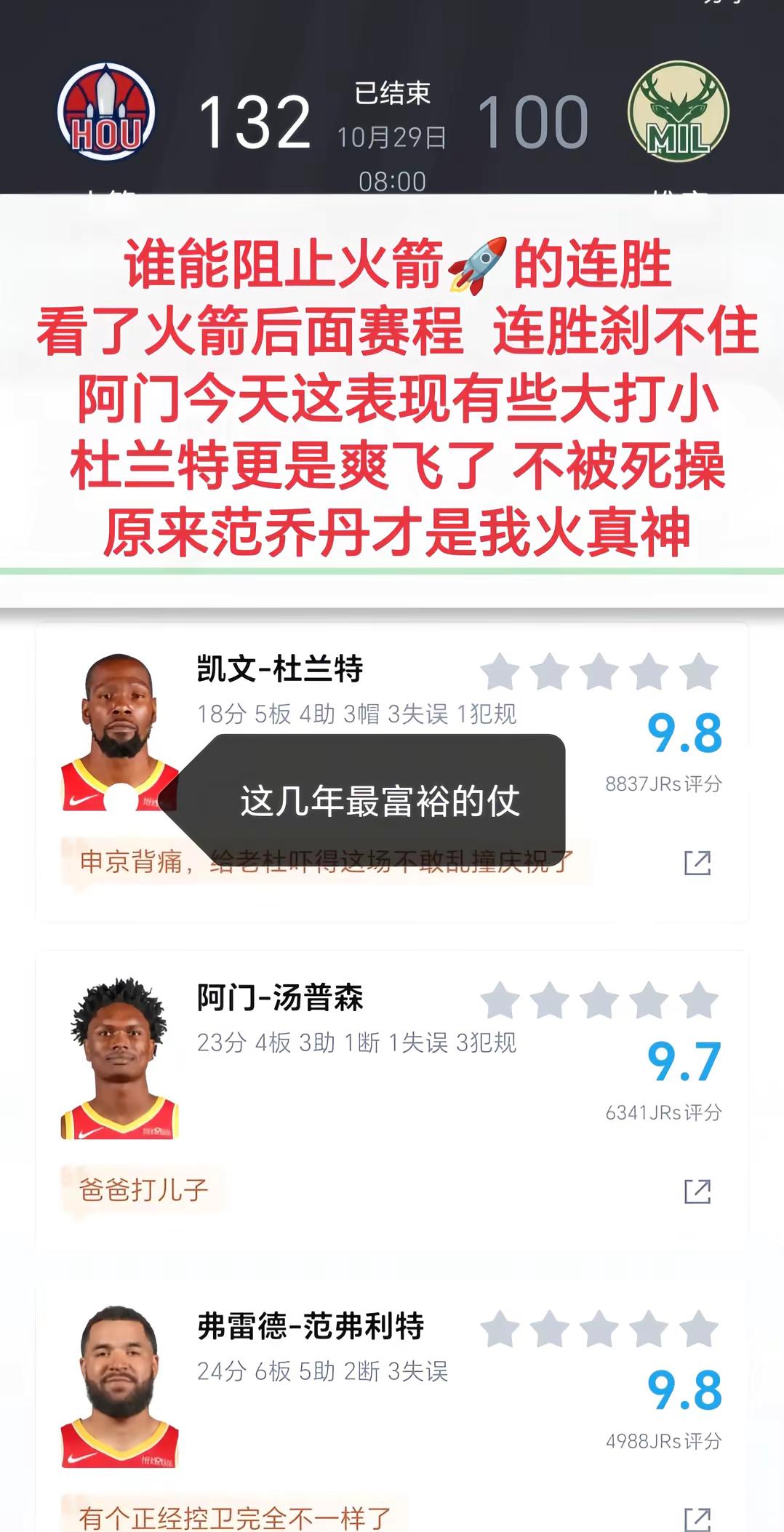火箭🚀狂胜雄鹿   五连胜刹不住。