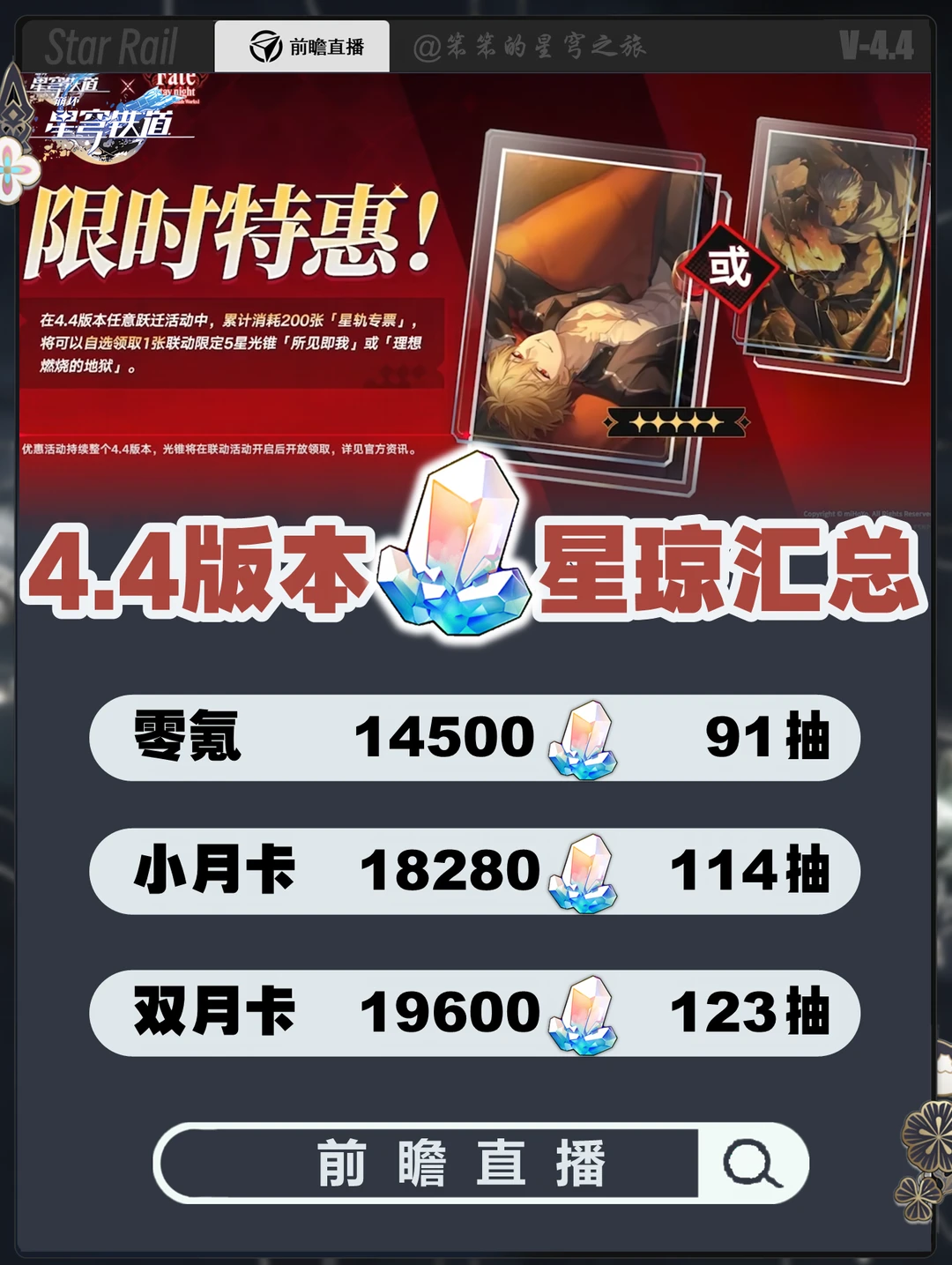 4.4版本星琼汇总，按联动卡池分了上下半