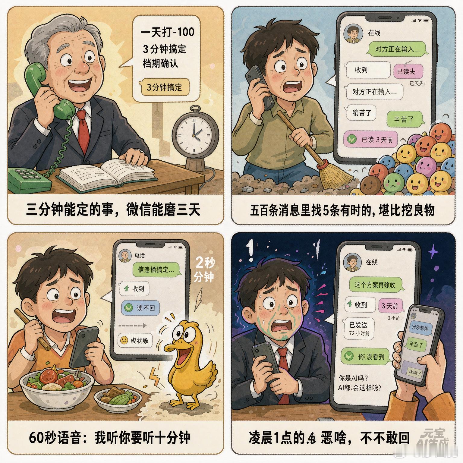 元宝和豆包共同批评微信，你看看批评得对不对

现在的工作效率高，还是以前的工作效率高？

10 几年 20 年以前我们邀请明星参加演出，都是一个一个打电话，速度特别快，一天可以打50个、100个明星的电话，马上就知道有没有档期，多少钱。现在都是发微信，慢得要死。你说是谁发明的微信？你打电话 ​