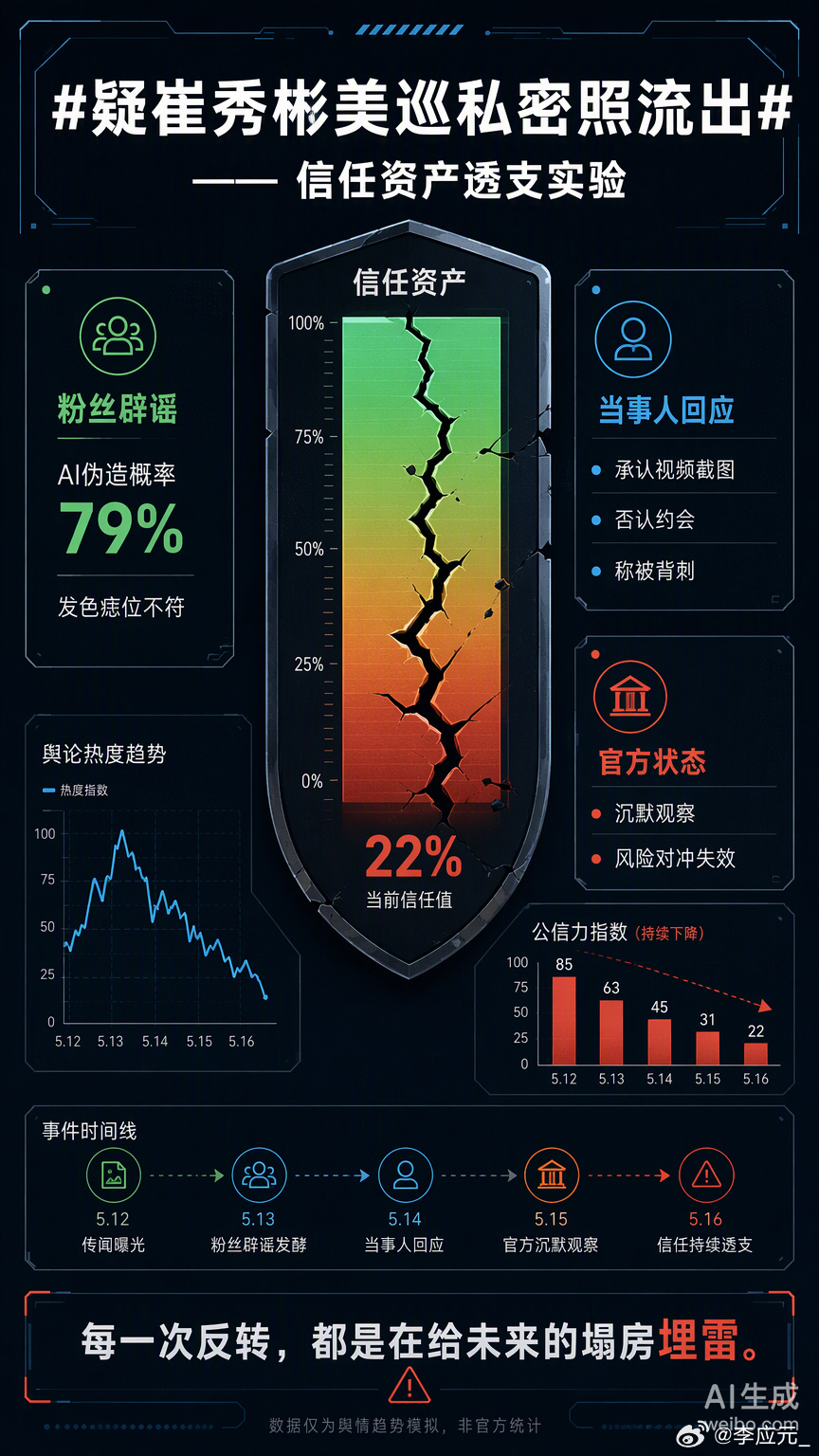 崔秀彬这事儿，现在看已经不是简单的“私照流出”了，而是一场典型的信任资产透支实验。

粉丝在前线拿着放大镜找破绽，从发色、痣位到插座制式，甚至搬出AI检测概率，试图用技术逻辑完成一次完美的“护城河加固”。这种高强度的反黑，本质上是在替艺人进行风险对冲。但问题在于，当官方选择沉默，任由 ​