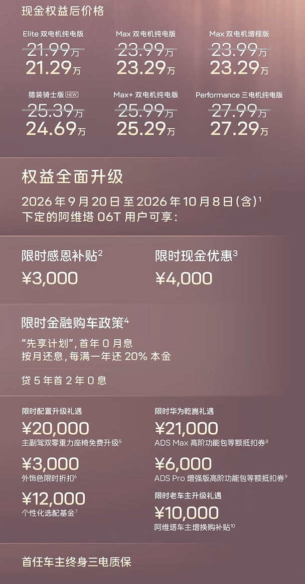 阿维塔06T的猎装骑士版抢先看，24.69拿下多项权益。这款车搭载896激光雷达，华为智能驾驶辅助，全新富贵紫，全新内饰搭配，专属徽章，独一无二的体验感和驾驶感，还有五重大礼权益，整体品质升级，续航升级，值得实车品鉴，长安汽车的高端车型非常棒。#长安汽车