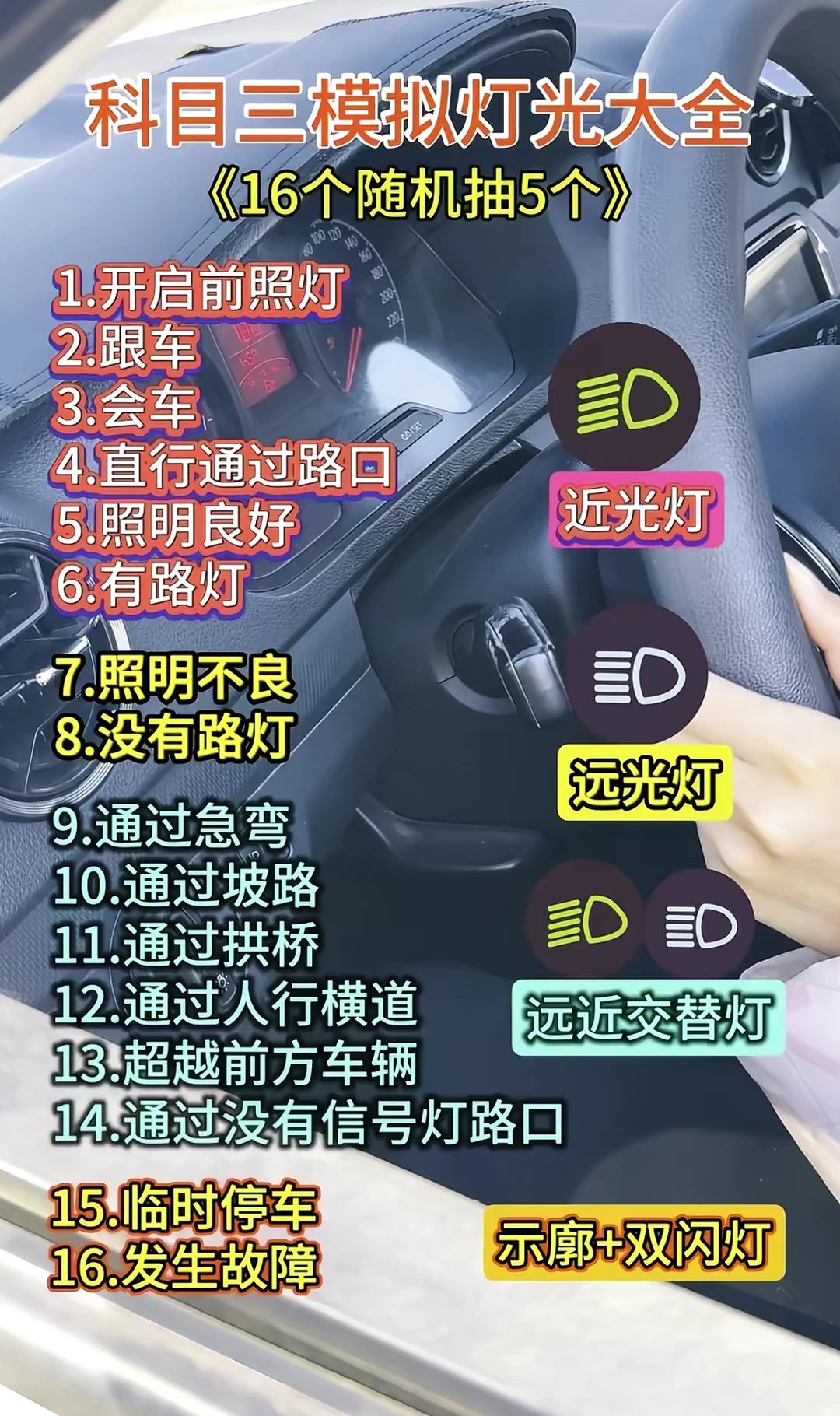 科目三模拟灯光大全 《16个随机抽5个》