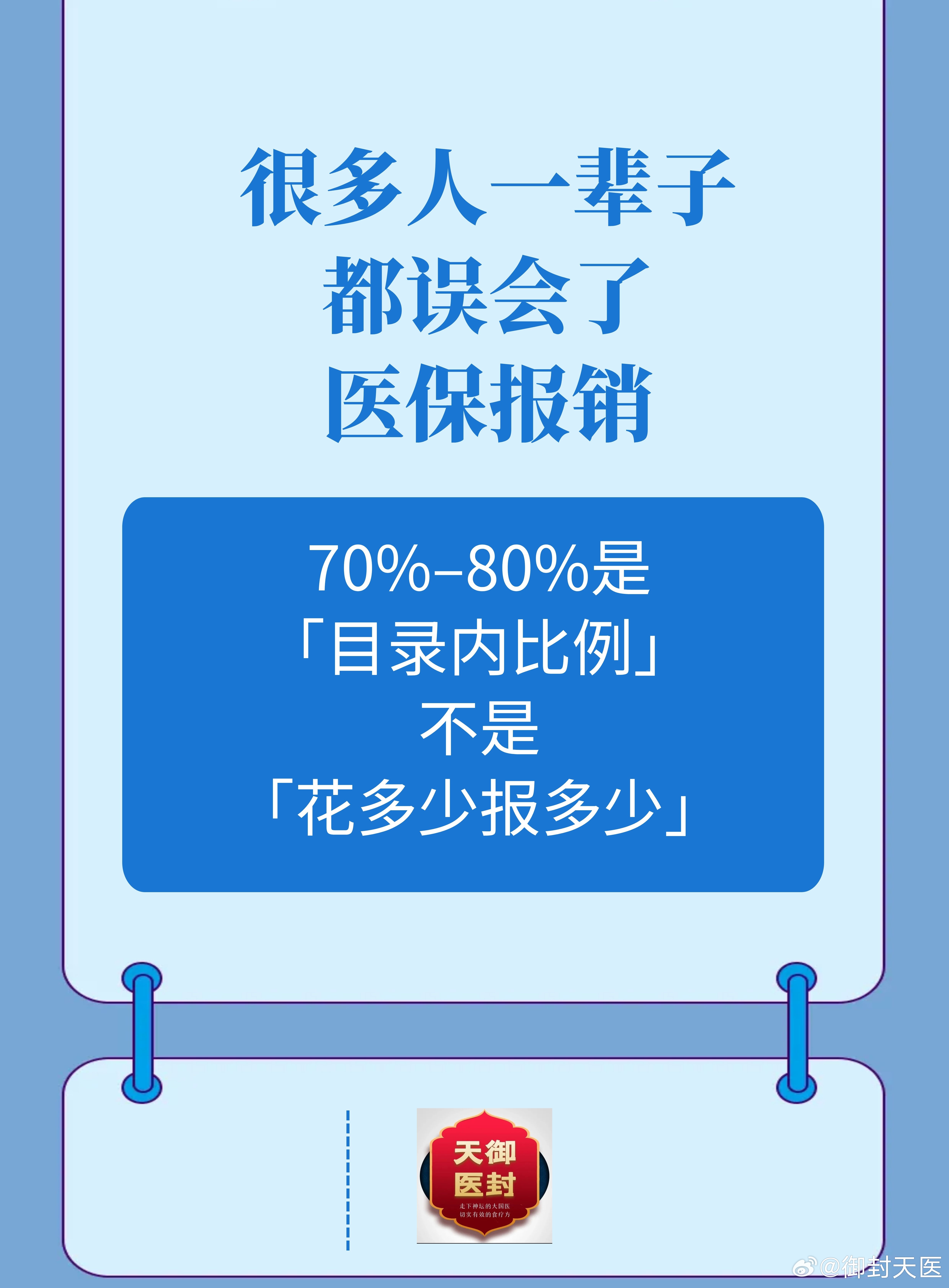 【很多人一辈子都误会了医保报销：70%–80%是「目录内比例」，不是「花多少报多少」】

——这是我亲身踩过的坑

我是内蒙的，去年家里人一场大病，前后住院花了20多万。

最后医保统筹实报下来，6万多到7万，综合报销比例就30%出头，跟我以前以为的「职工医保能报七八成」差太远了。

后来我把结算单 ​
