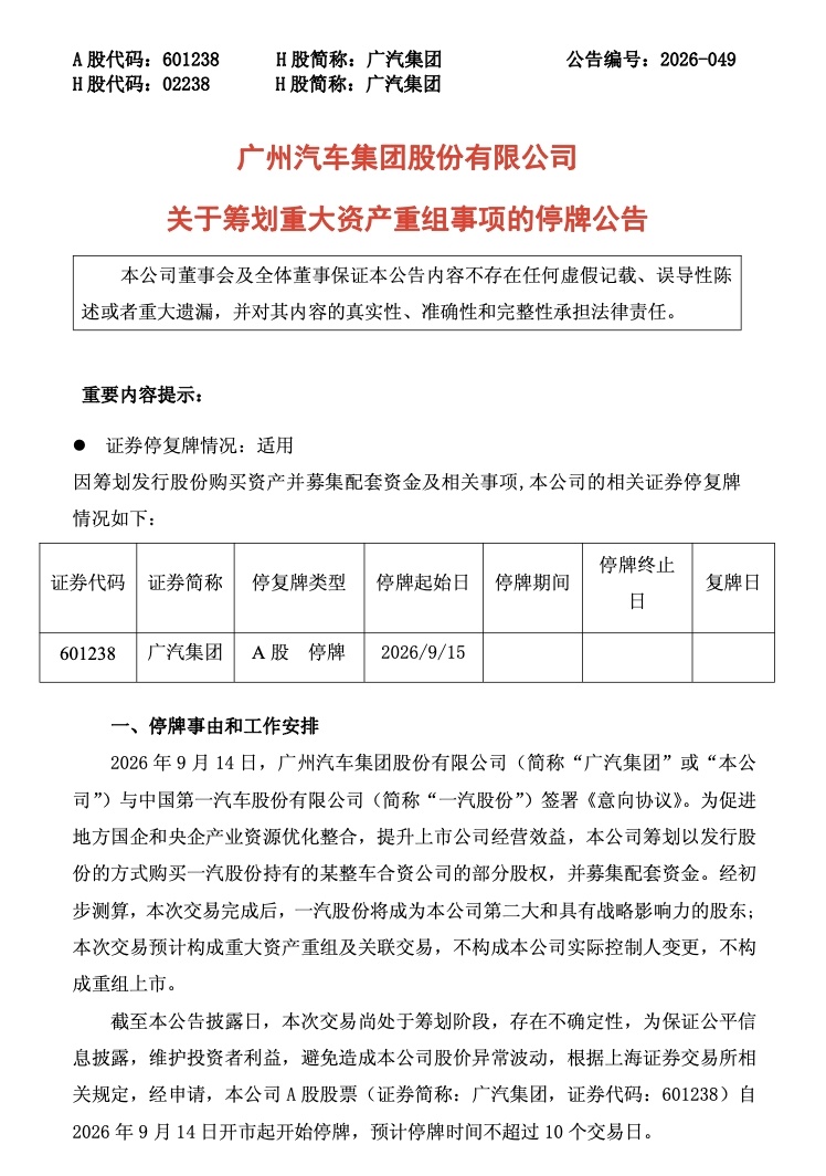 南北丰田有望合并？

2026年9月14日晚间，广汽集团突然发布一纸停牌公告。公告称，广州汽车集团股份有限公司（以下称“广汽集团”）与中国第一汽车股份有限公司（以下称“一汽股份” ）签署《意向协议》。广汽集团拟以发行股份方式，购买一汽股份持有的某整车合资公司部分股权，交易完成后一汽股份将成 ​